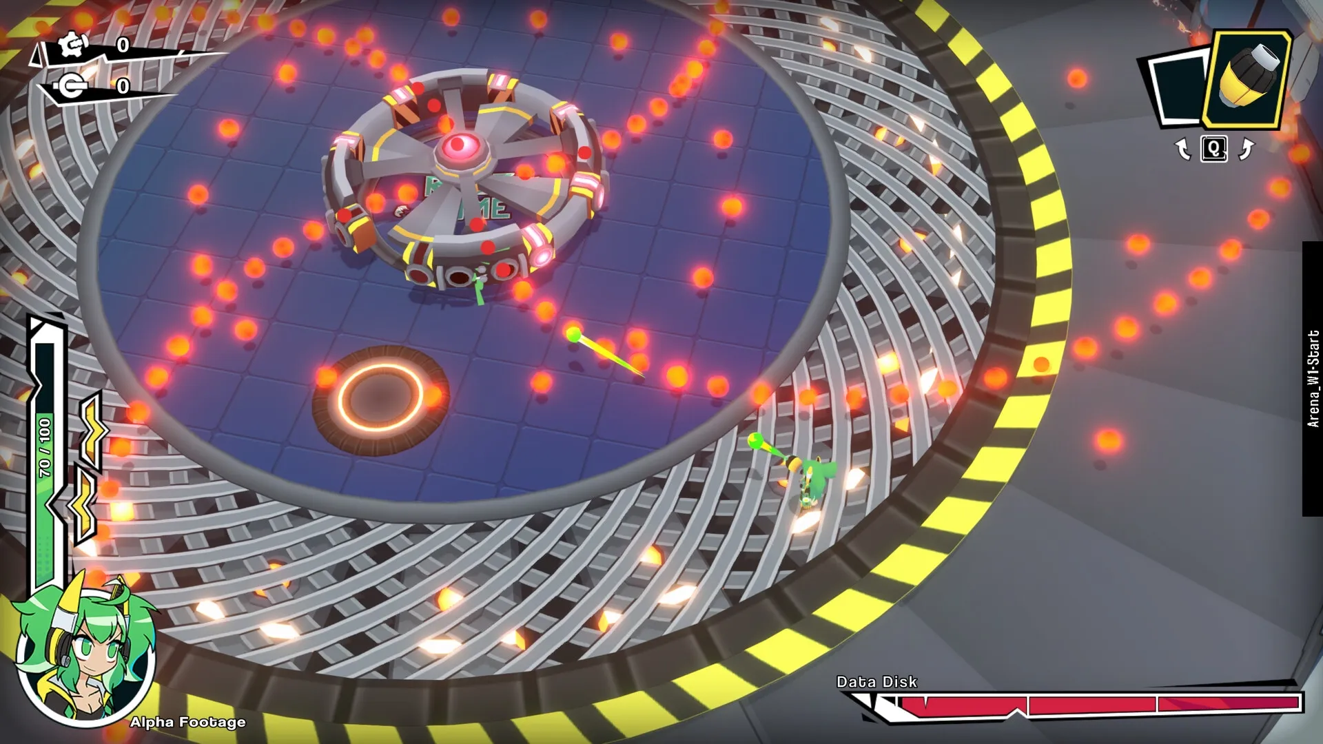 Robo Dome: Rei Castor dodges red projectiles in a circular metallic arena with a central turret.