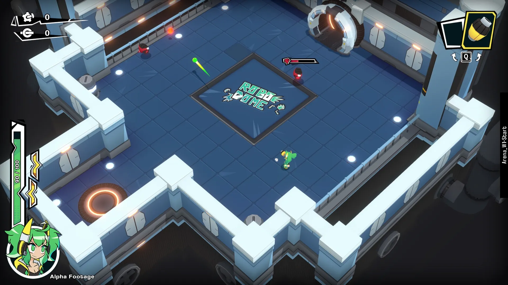Robo Dome: Rei Castor dodges incoming projectiles in a futuristic arena with health bar displayed.