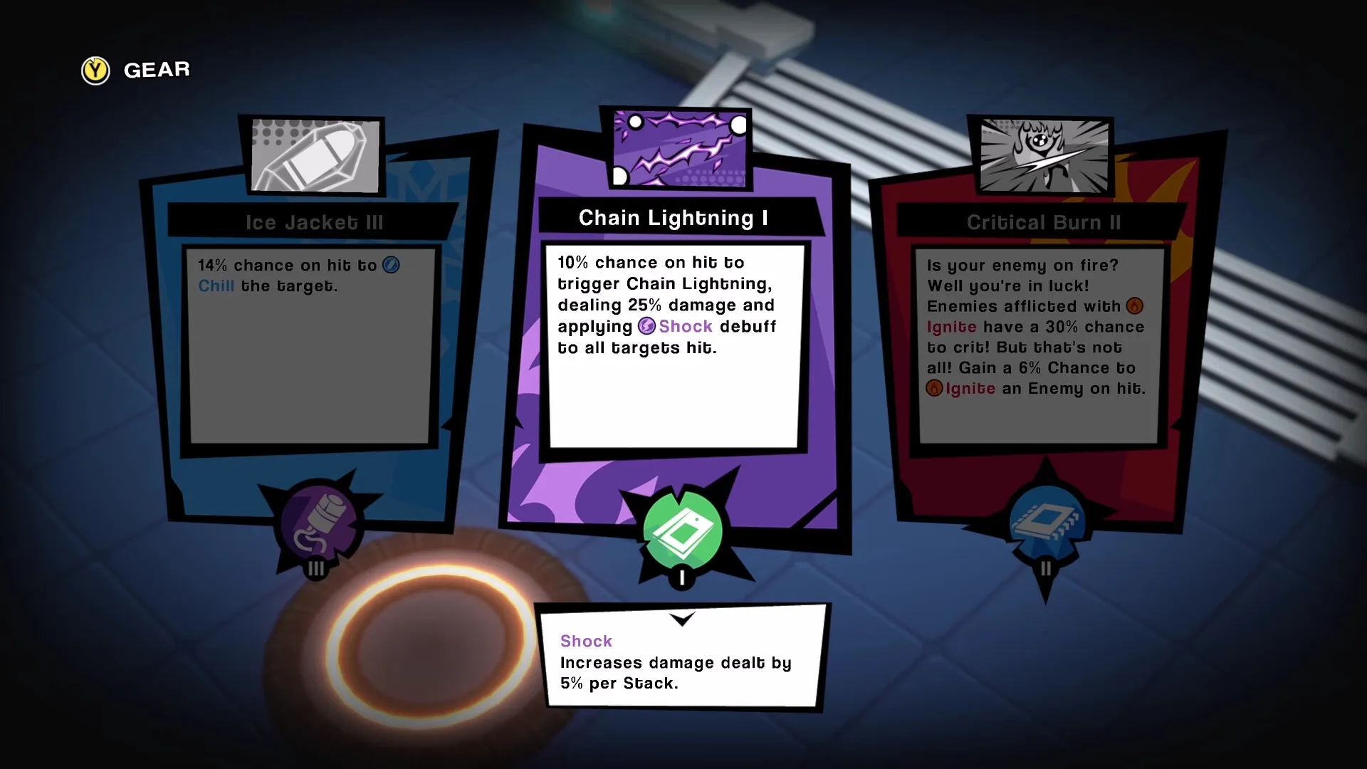 Robo Dome: Card selection screen featuring Ice Jacket III, Chain Lightning I, and Critical Burn II cards.