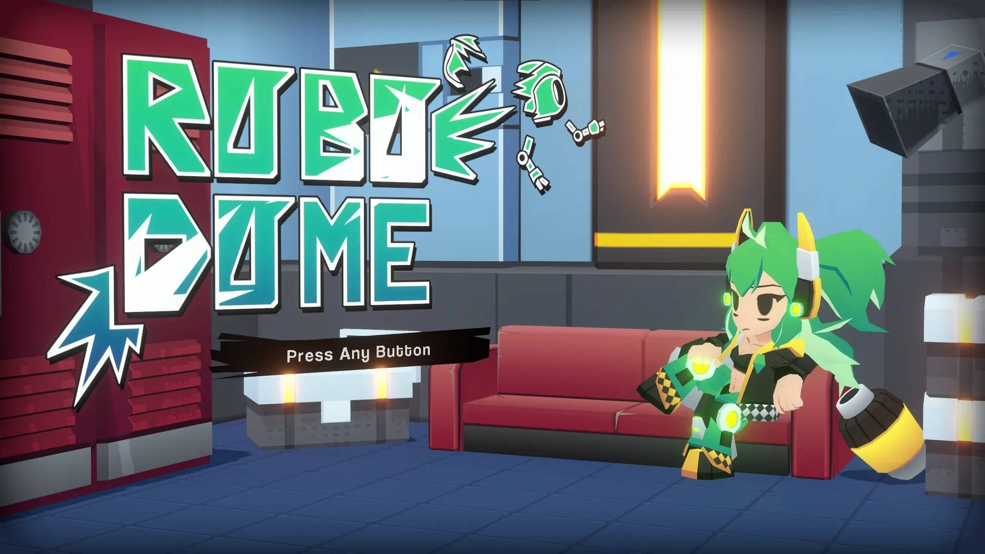 Robo Dome: Title screen with Rei Castor relaxing on a red couch in a futuristic lounge area.