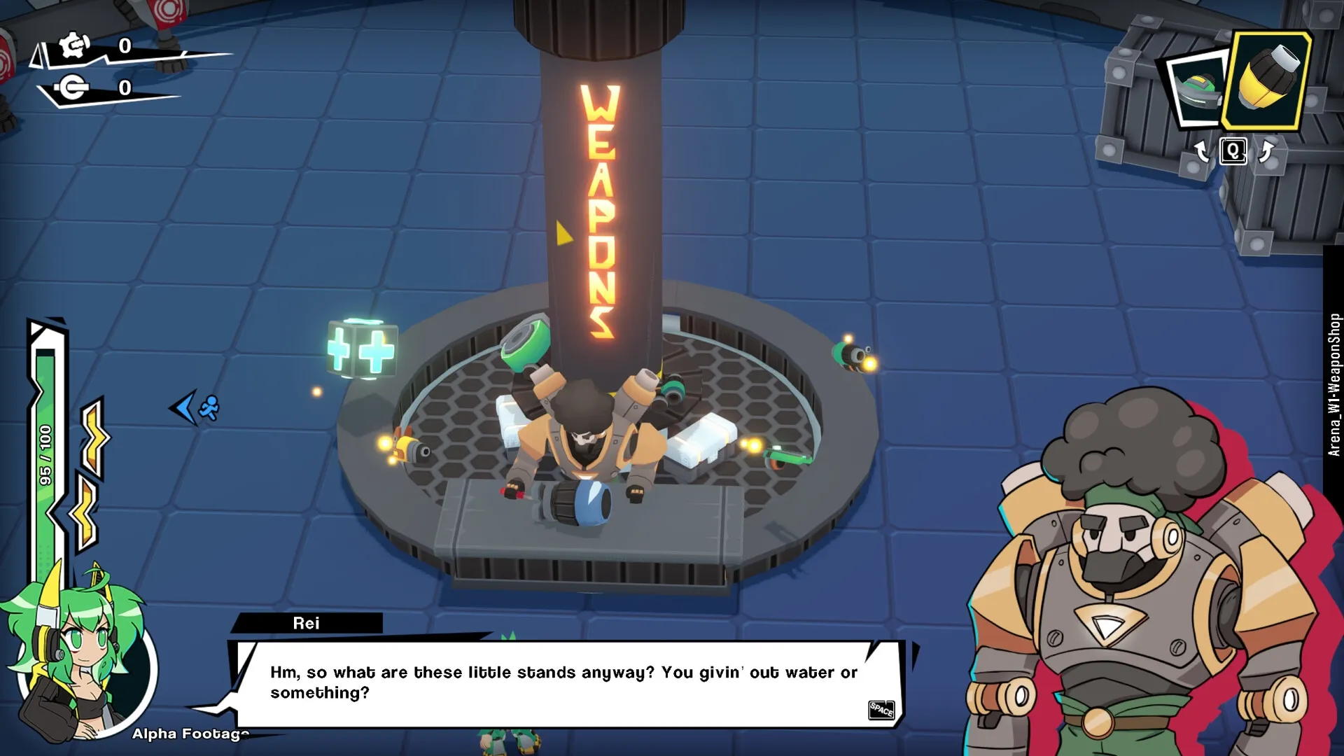Robo Dome: Rei at weapon shop with dialogue box, health bar, and item selection interface visible.