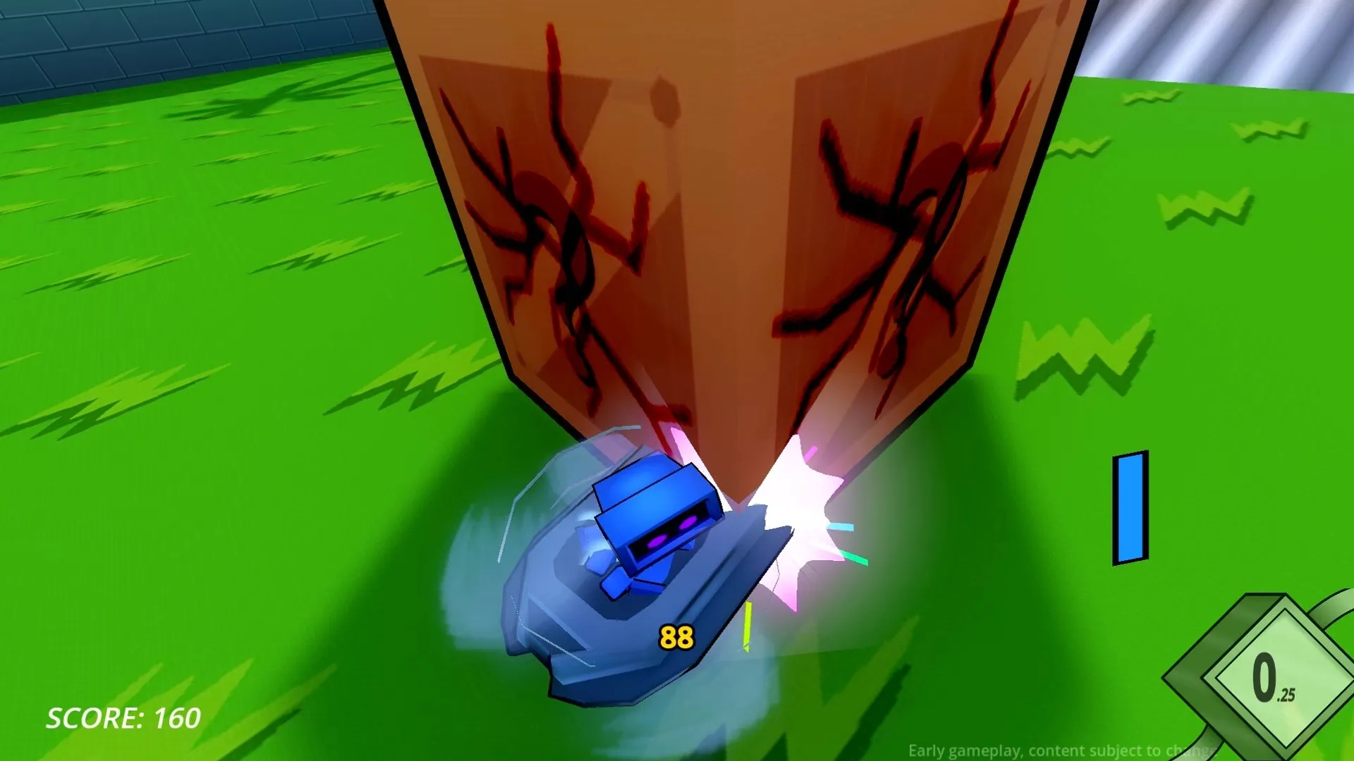 Robo Ride & Glide: Blue hover car crashing into a crate with graffiti in a vibrant green arena.