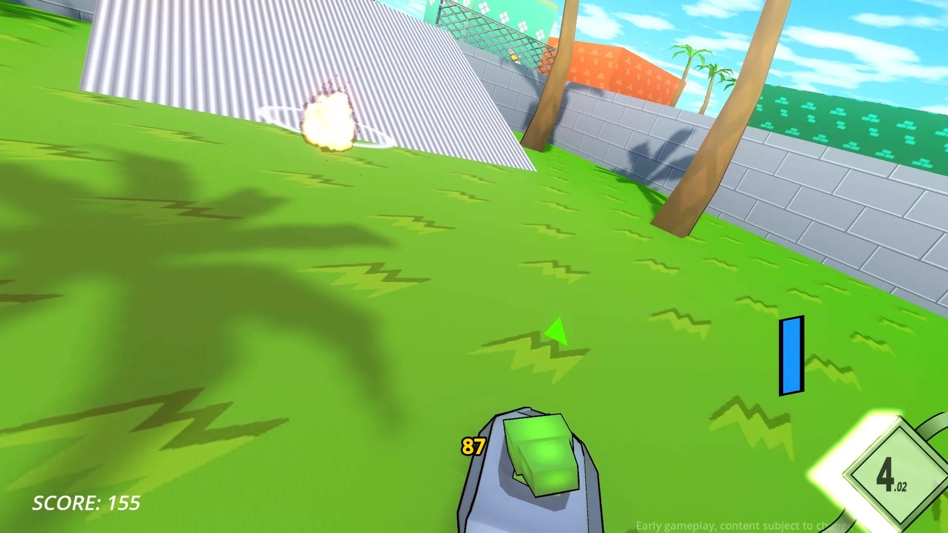Robo Ride & Glide: First-person view of hover car racing on grassy terrain with score and timer HUD.