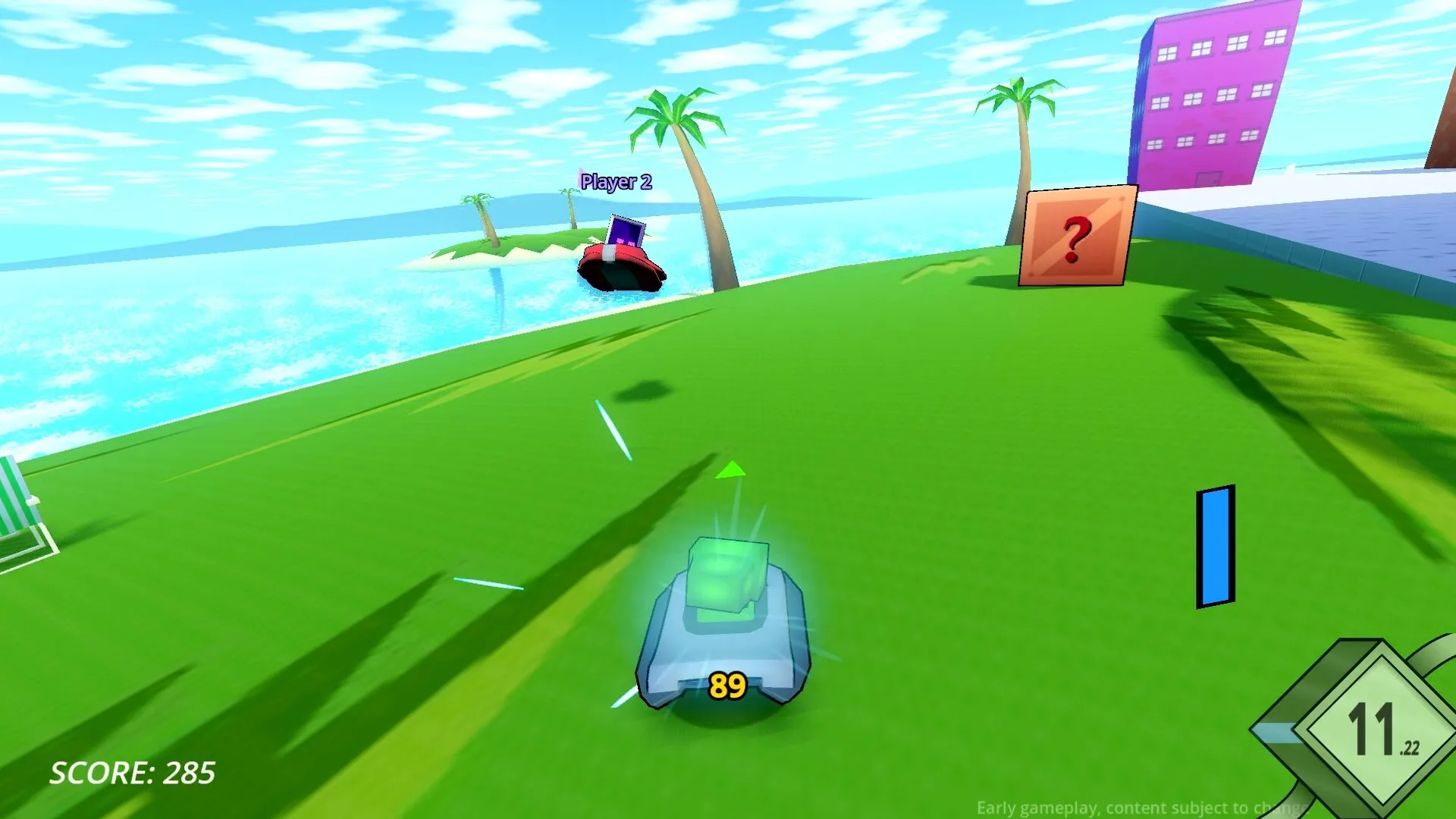 Robo Ride & Glide: Hover car racing on a grassy island with palm trees and mystery box nearby