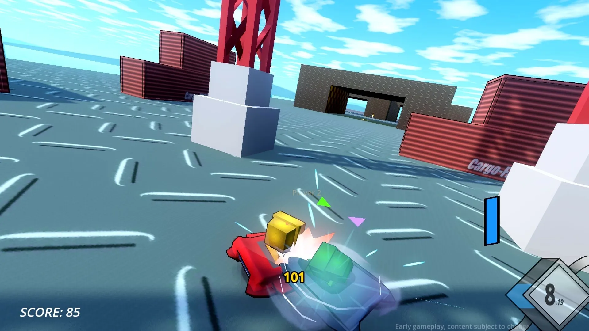 Robo Ride & Glide: Player's hover car collecting powerups on metallic track with cargo crates nearby