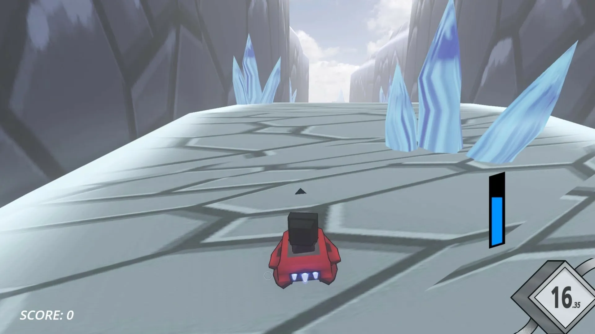 Robo Ride & Glide: Red hover car speeds through icy canyon with crystal formations and HUD display.