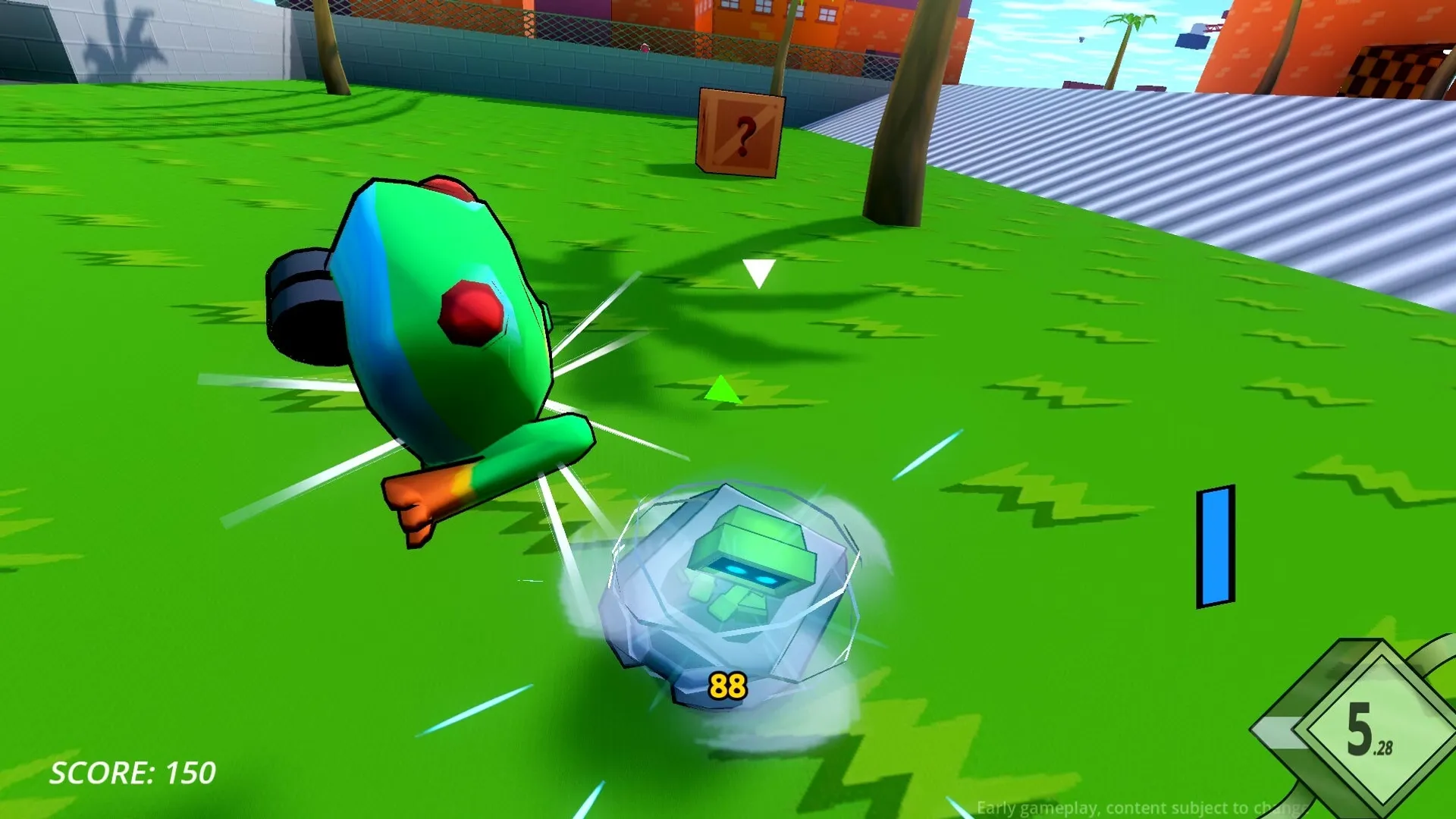 Robo Ride & Glide: Hover car collecting powerup in grassy area with trees and mystery box nearby