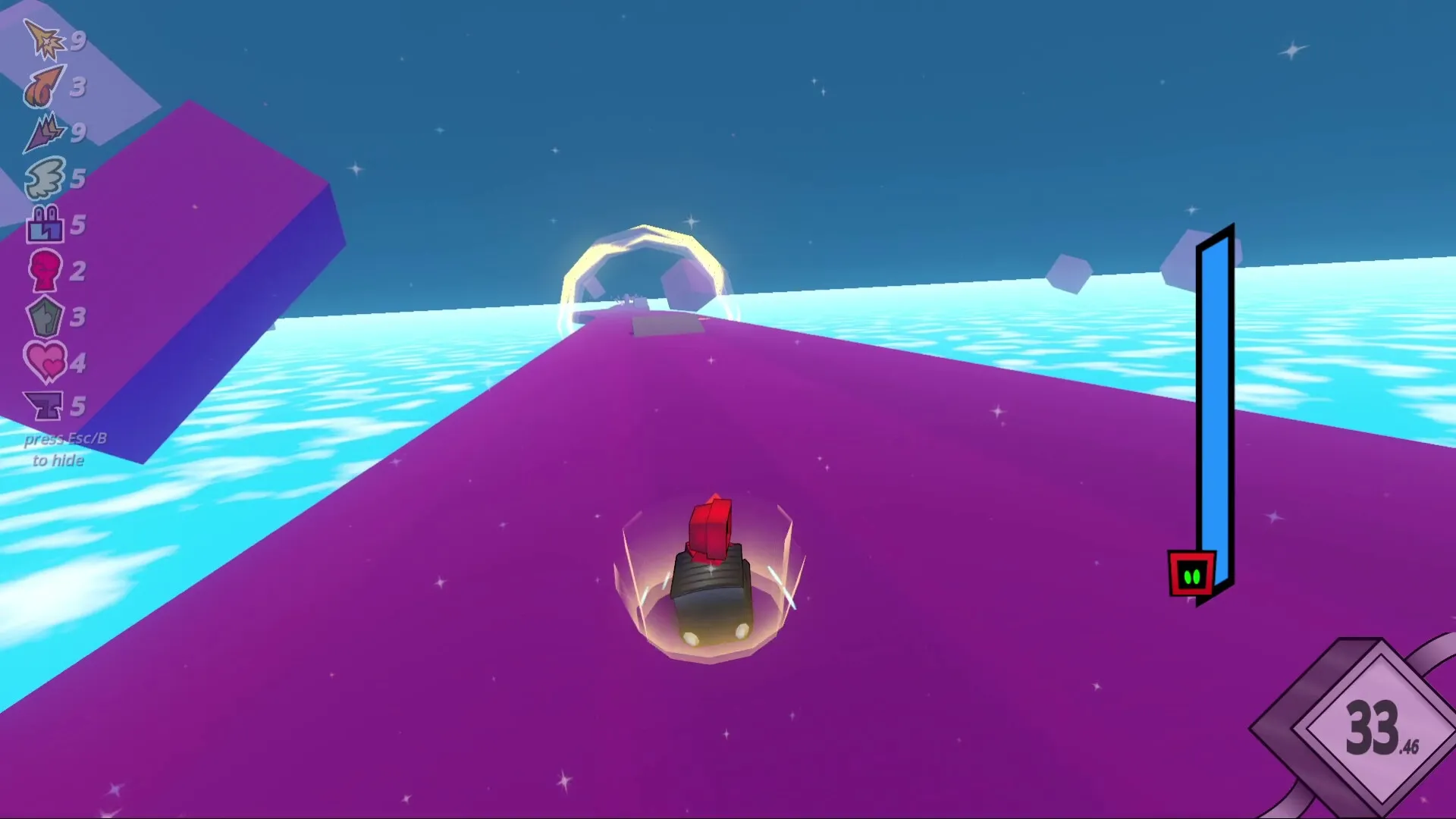 Robo Ride & Glide: Hover car races on a purple track over water, collecting powerups with UI stats visible.