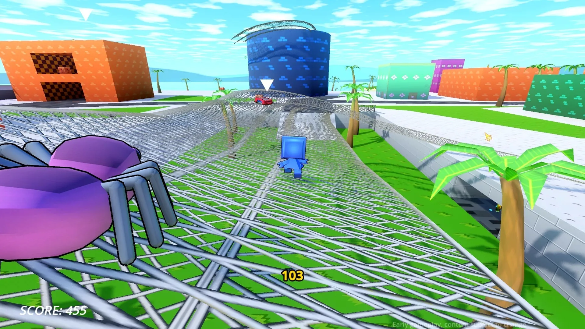 Robo Ride & Glide: Blue robot character navigates metallic track in colorful cityscape environment
