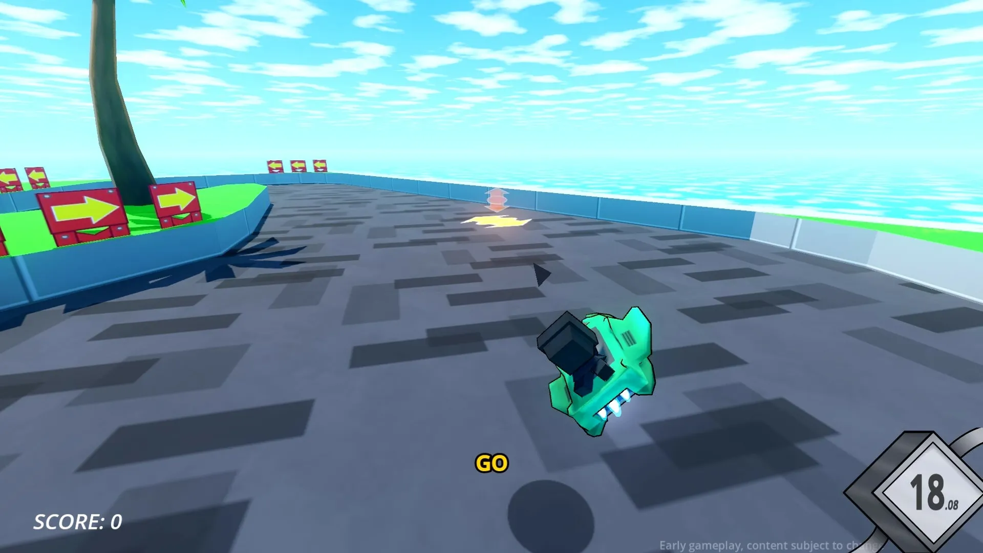 Robo Ride & Glide: Player's hover car speeds on a track with arrow signs and ocean view in the distance.