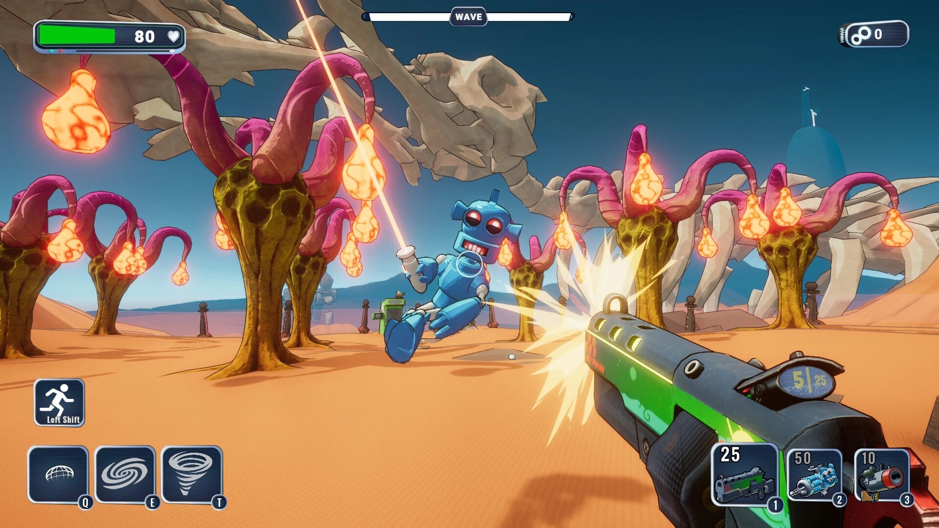 Roboholic: First-person combat against robot in alien desert with glowing flora and active UI elements