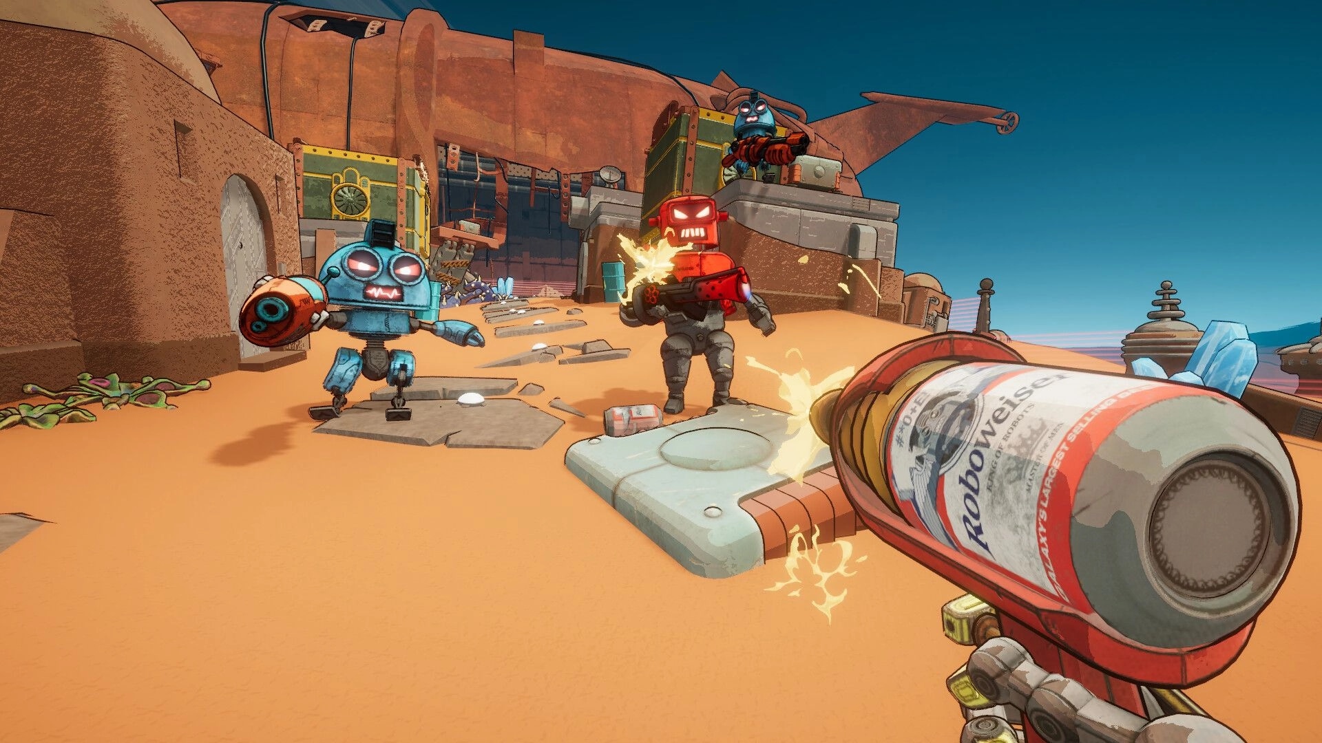 Roboholic: Player fires beer gun at robots in a desert scrapyard with explosive action elements