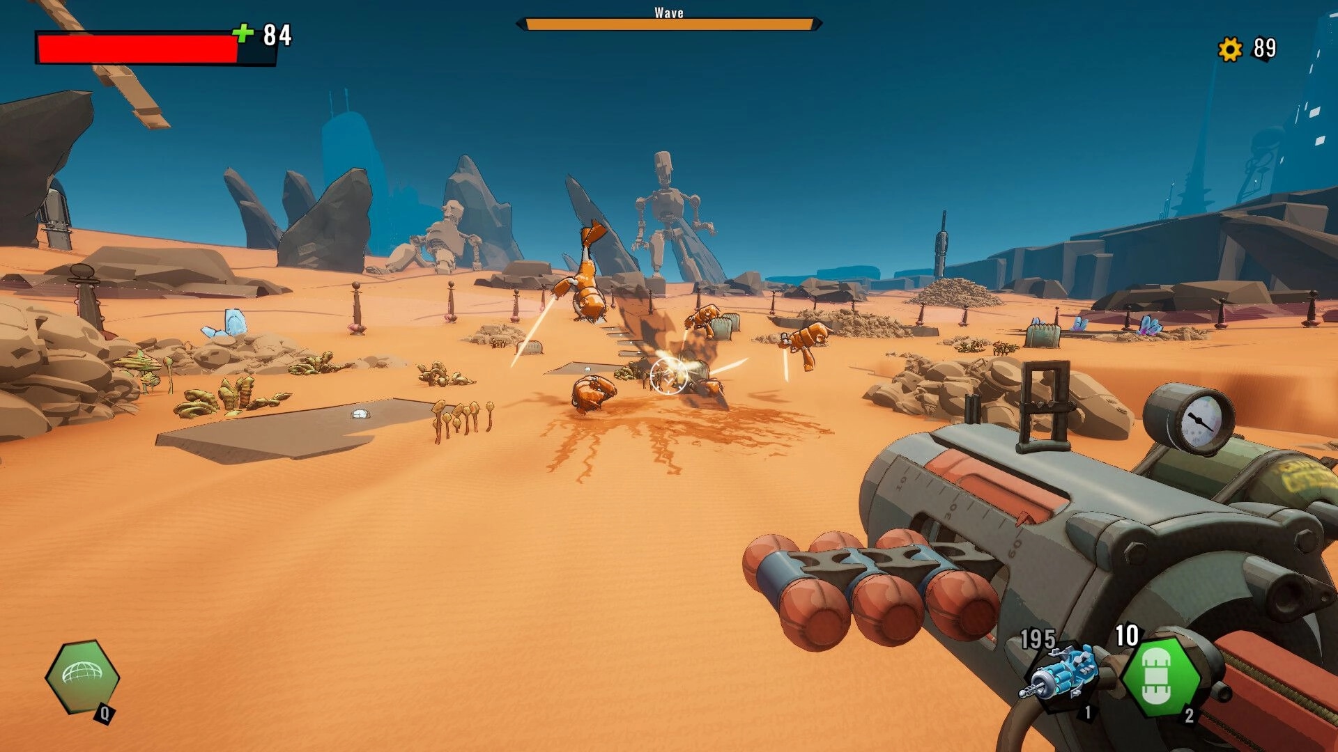 Roboholic: First-person combat with robots in a desert setting, health and ammo displayed on HUD