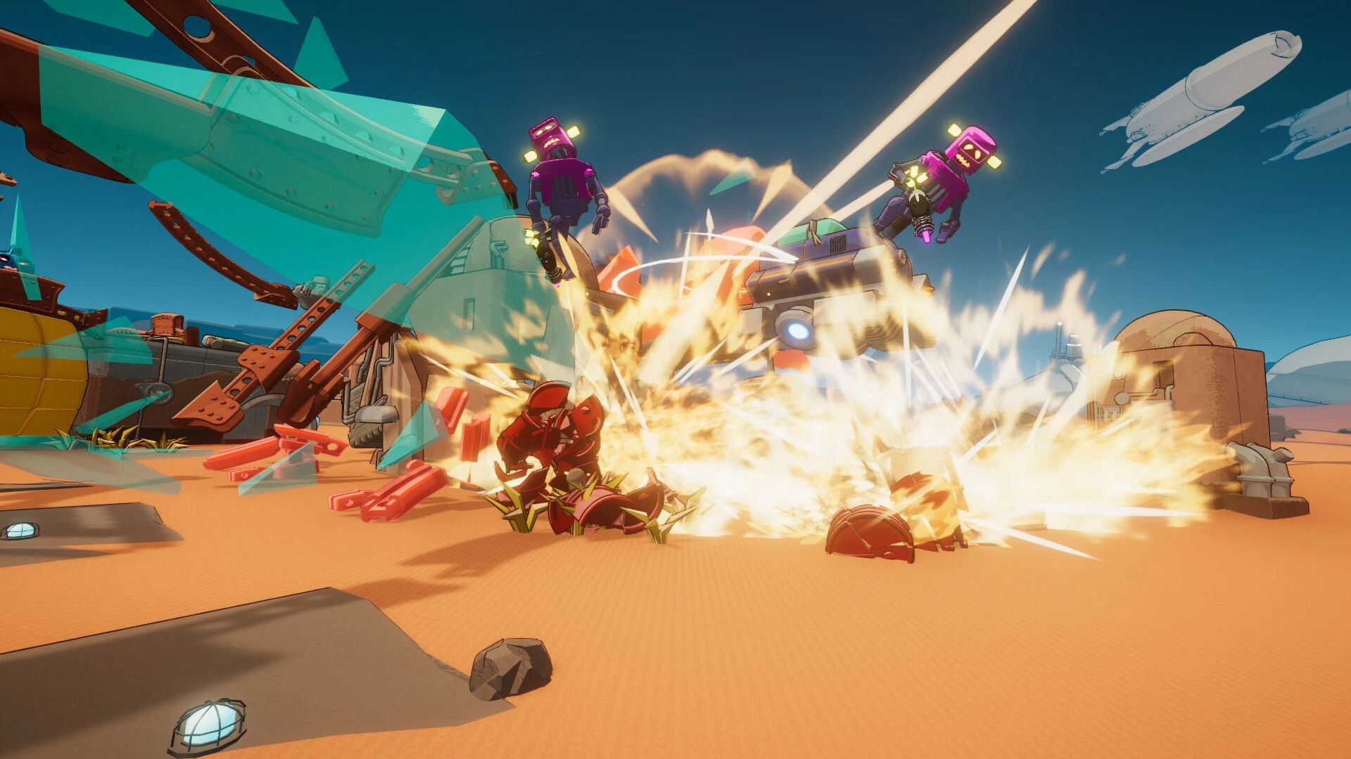 Roboholic: Explosive combat with robots in a desert scrapyard amidst fiery destruction and flying debris