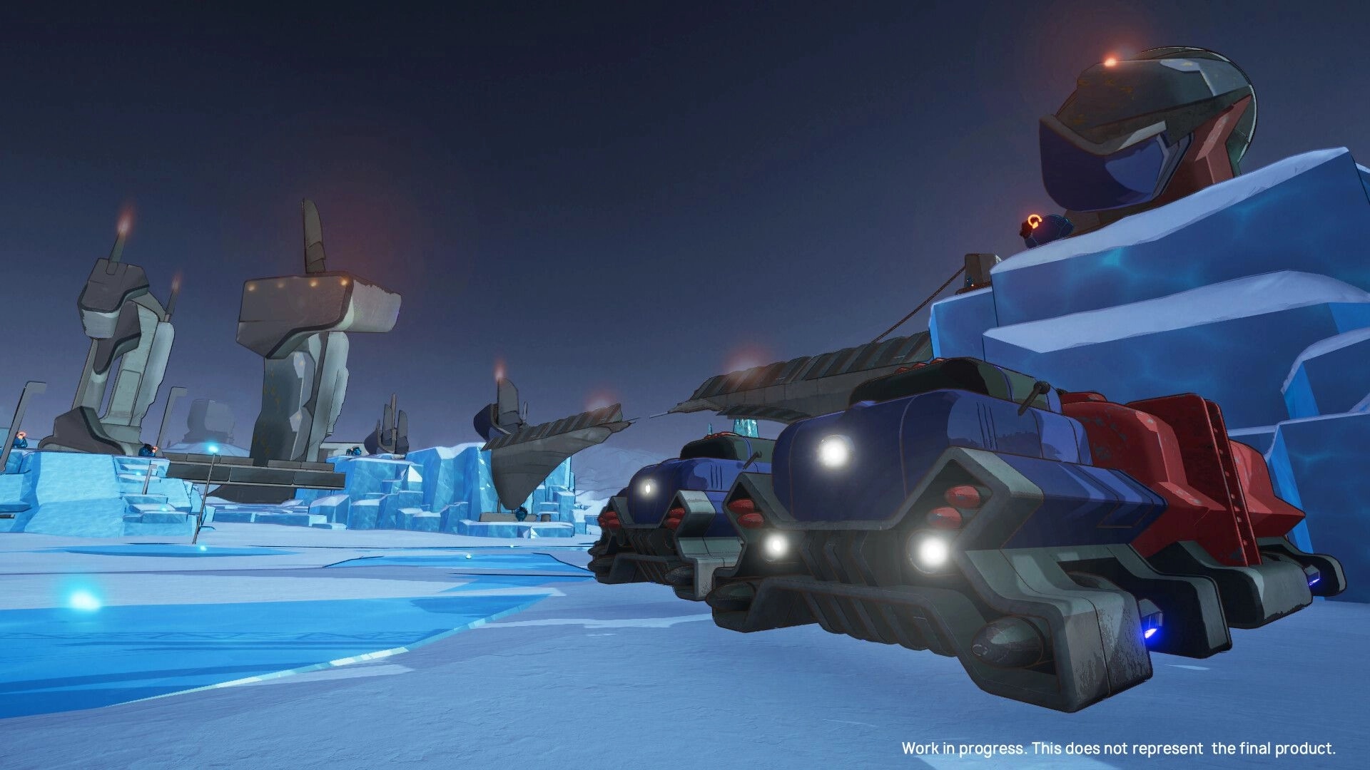 Roboholic: Futuristic vehicles parked on icy terrain with towering structures and glowing lights