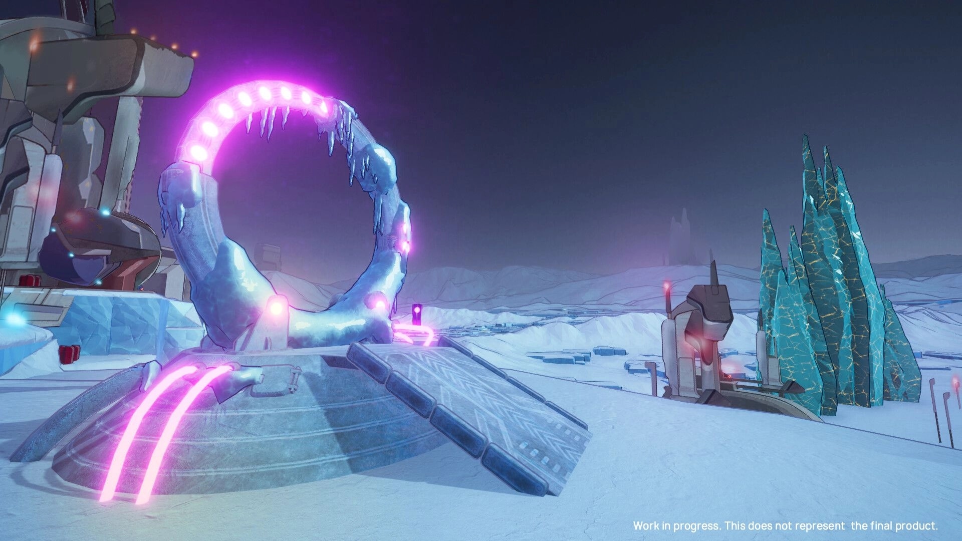 Roboholic: Icy landscape with a glowing portal and crystalline structures in a snowy environment