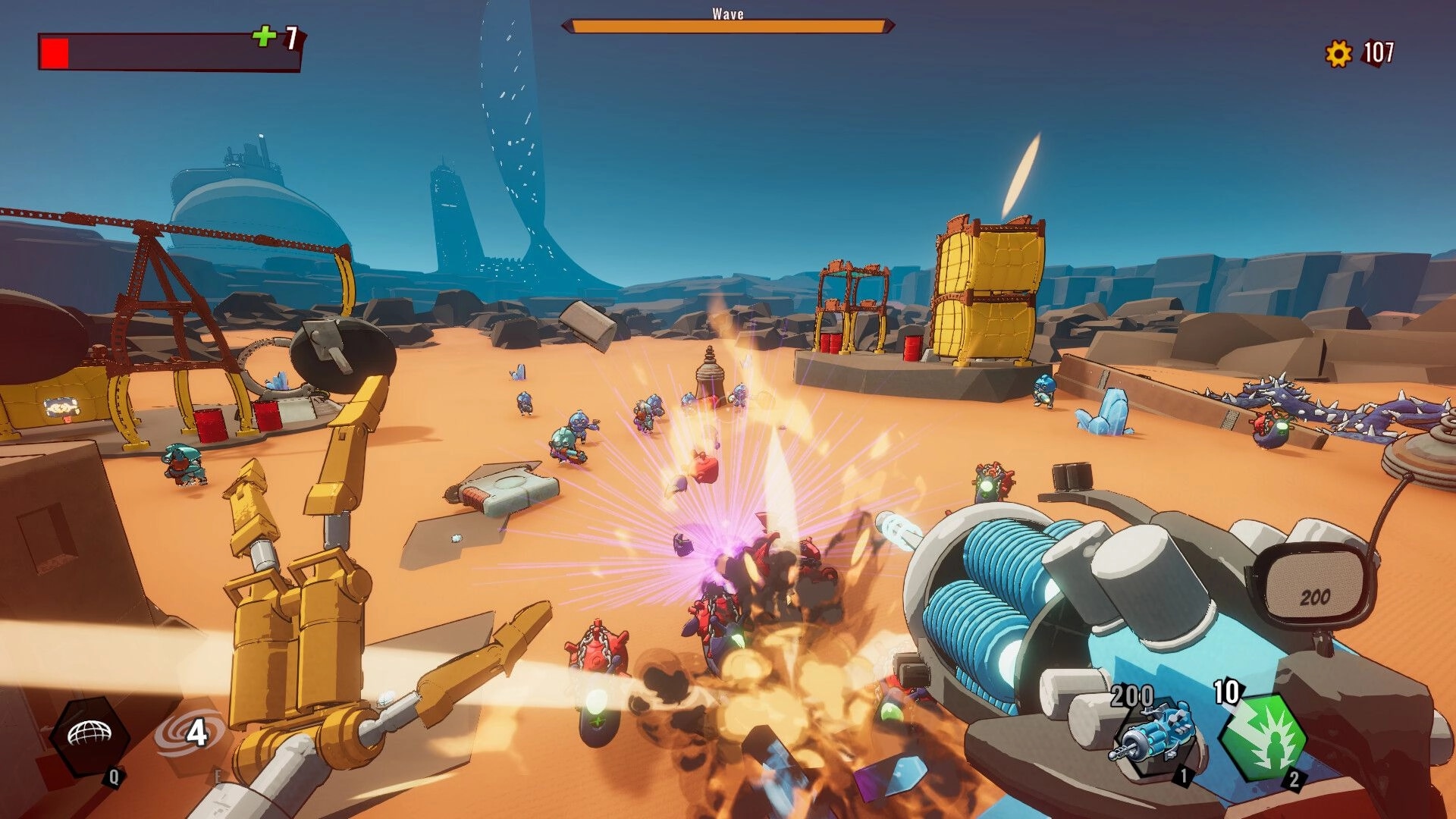 Roboholic: First-person combat with alco-gun in desert environment, facing a wave of robotic enemies.
