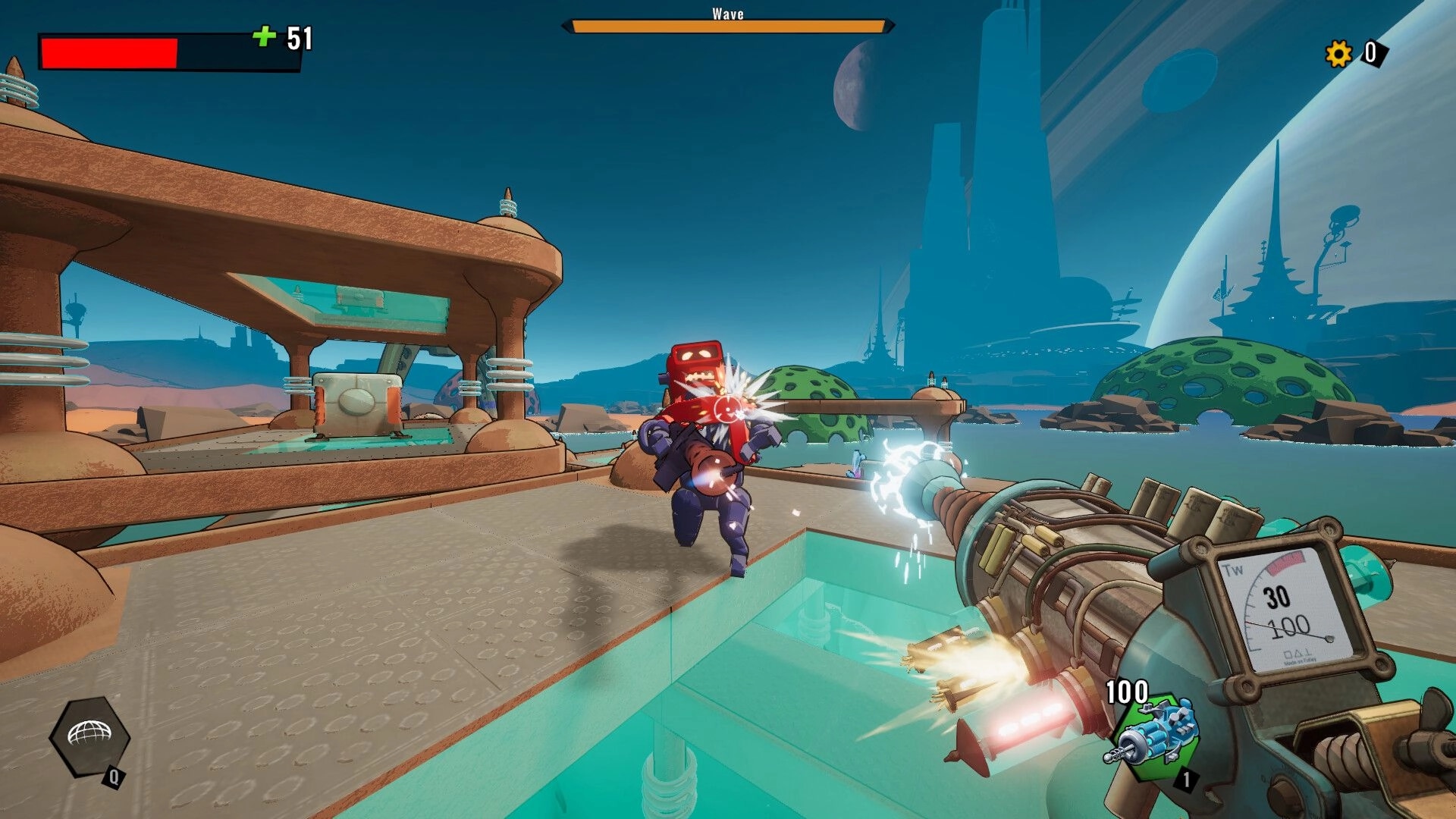 Roboholic: Player fires alco-gun at approaching robot on futuristic bridge with health bar visible