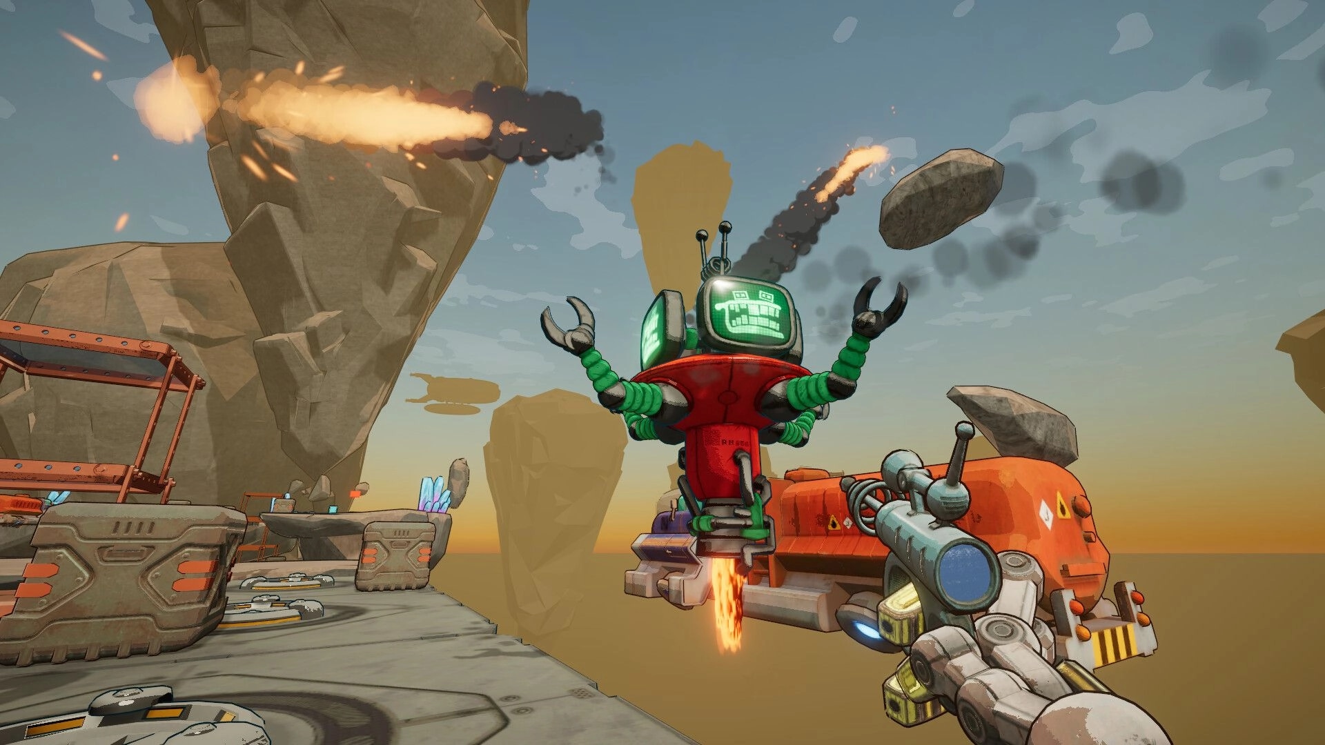 Roboholic: Player aims alco-gun at flying robot in rocky terrain with fiery projectiles overhead