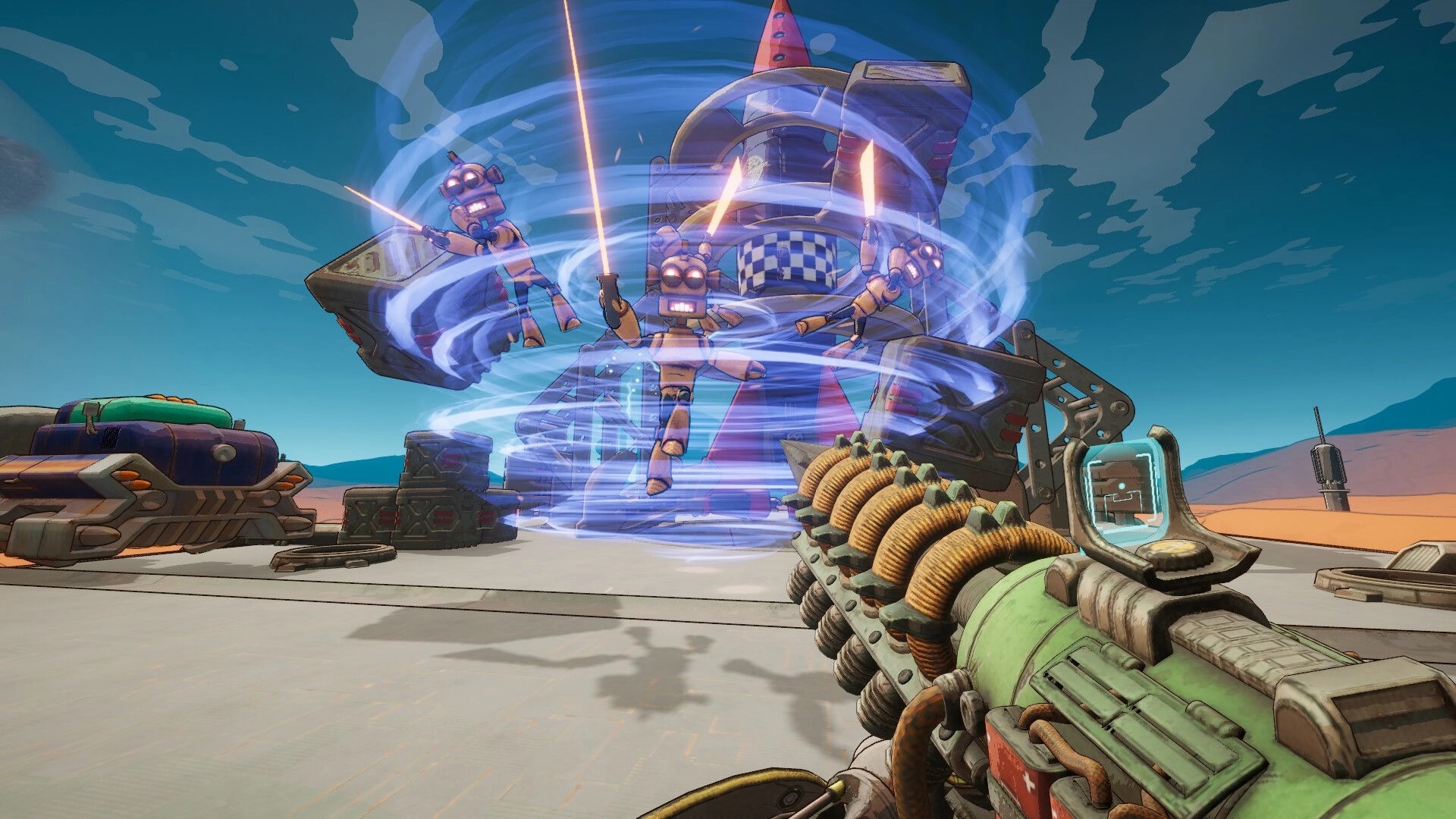 Roboholic: Player aims alco-gun at flying robots caught in whirlwind on desert battlefield