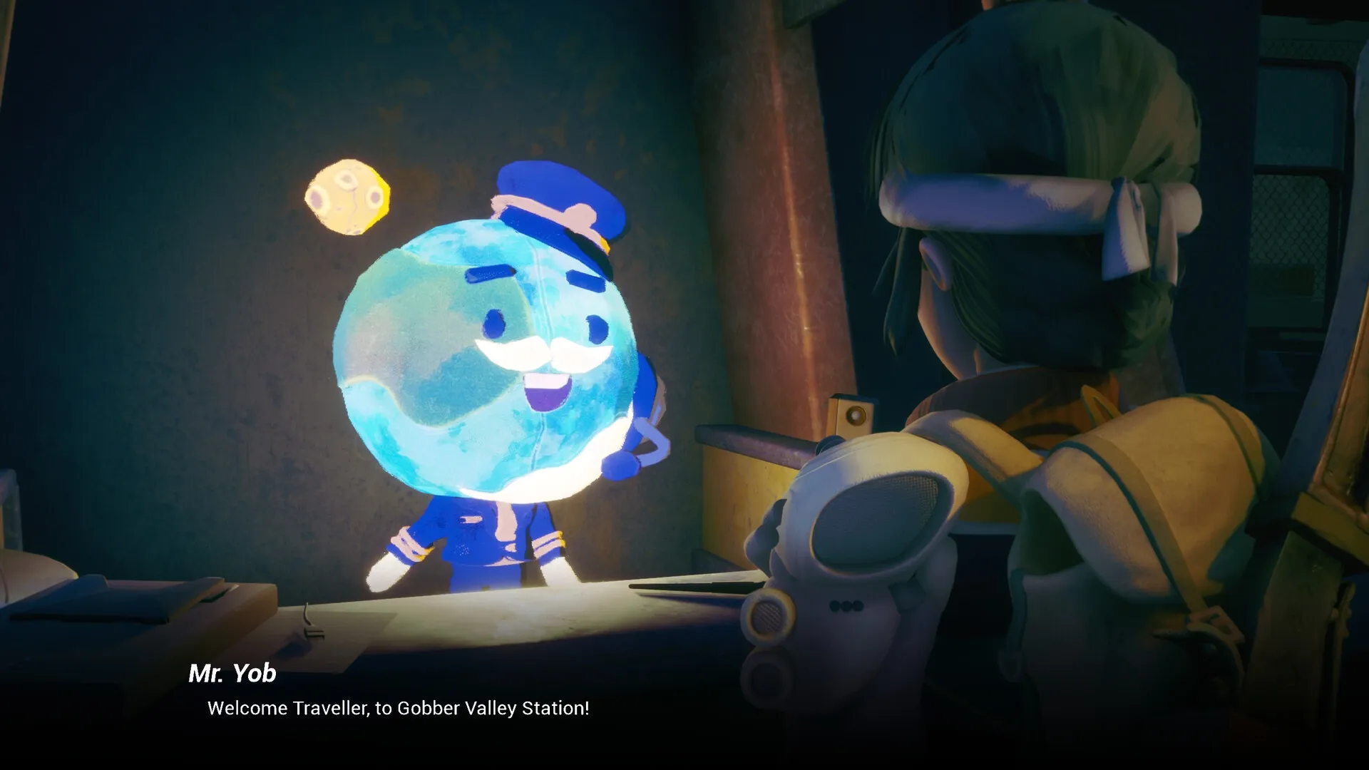 Robots at Midnight: Zoe interacts with Mr. Yob at Gobber Valley Station, exchanging dialogue about travel.