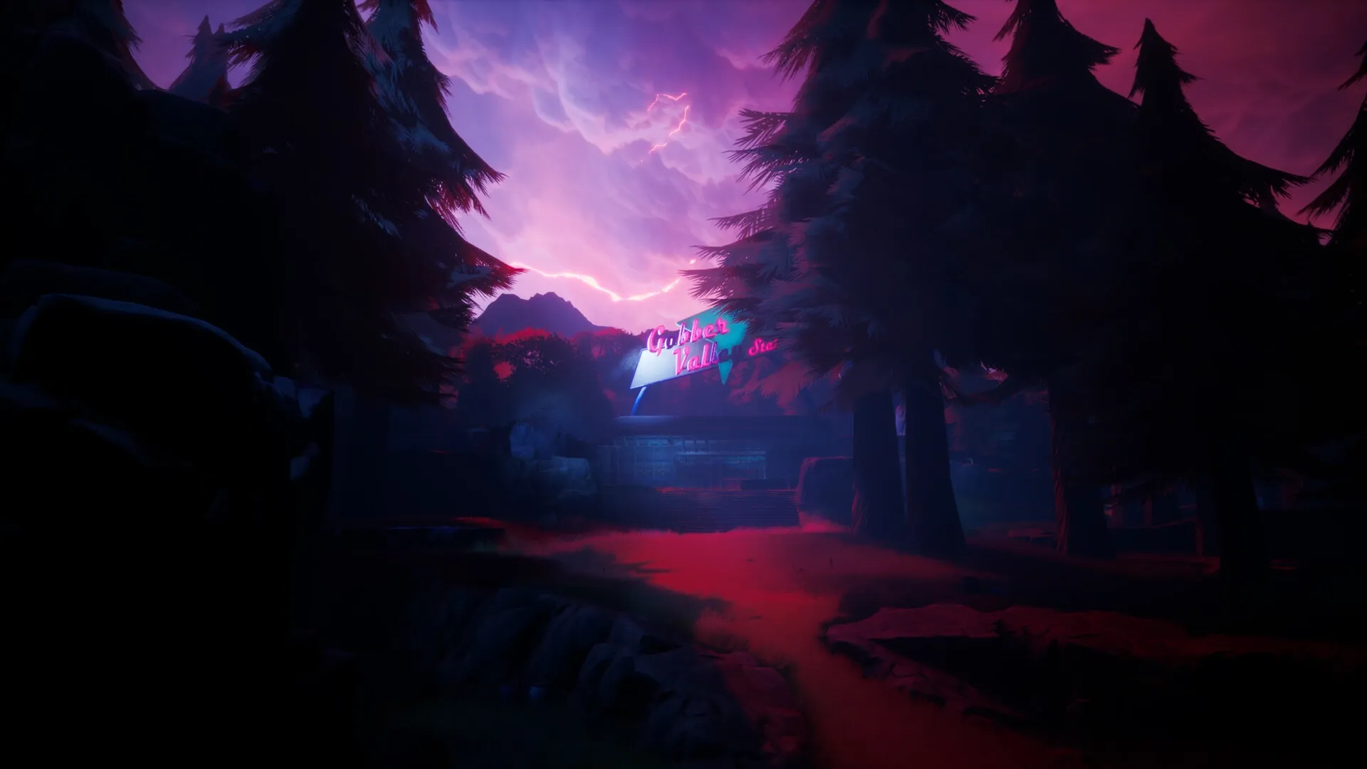 Robots at Midnight: Dark forest path with neon-lit diner sign under a dramatic purple sky