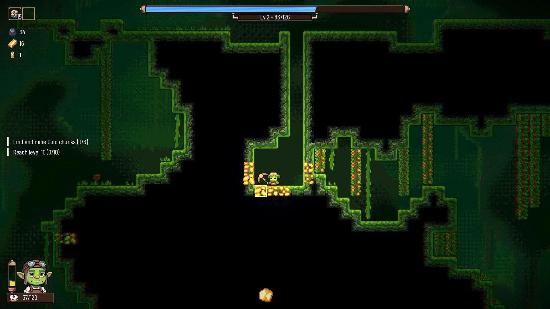 Rock Bottom: Goblin miner excavating gold chunks in a dark underground cavern with quest objectives shown