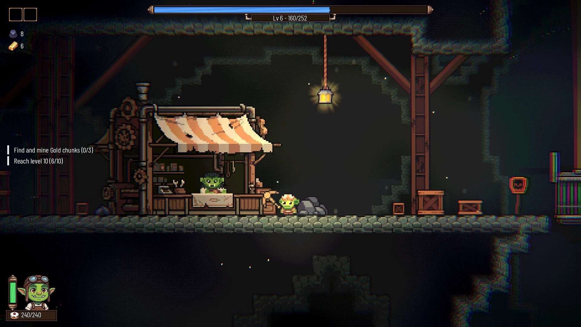Rock Bottom: Goblin character mining near a shop in a dimly lit underground cavern environment.