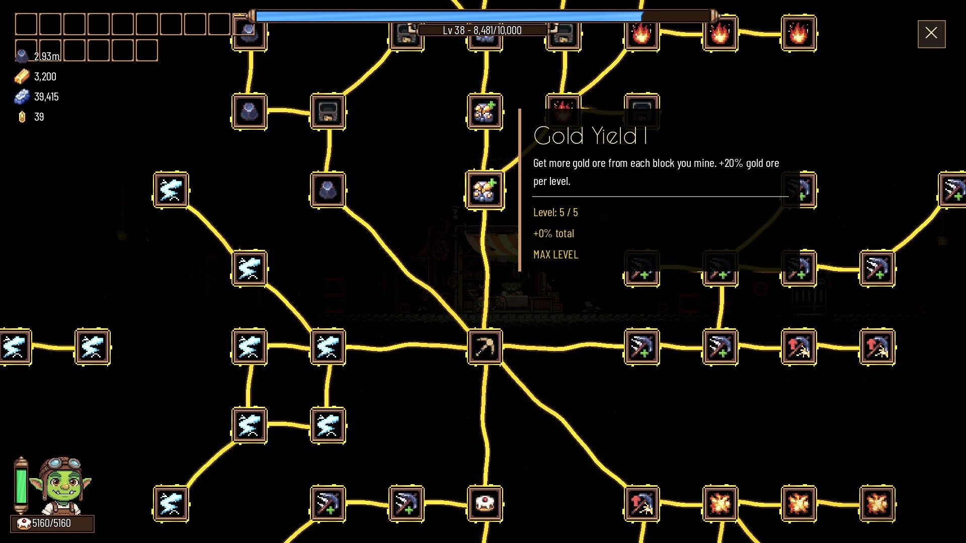 Rock Bottom: Skill tree interface with various upgrade icons and resource indicators on dark background