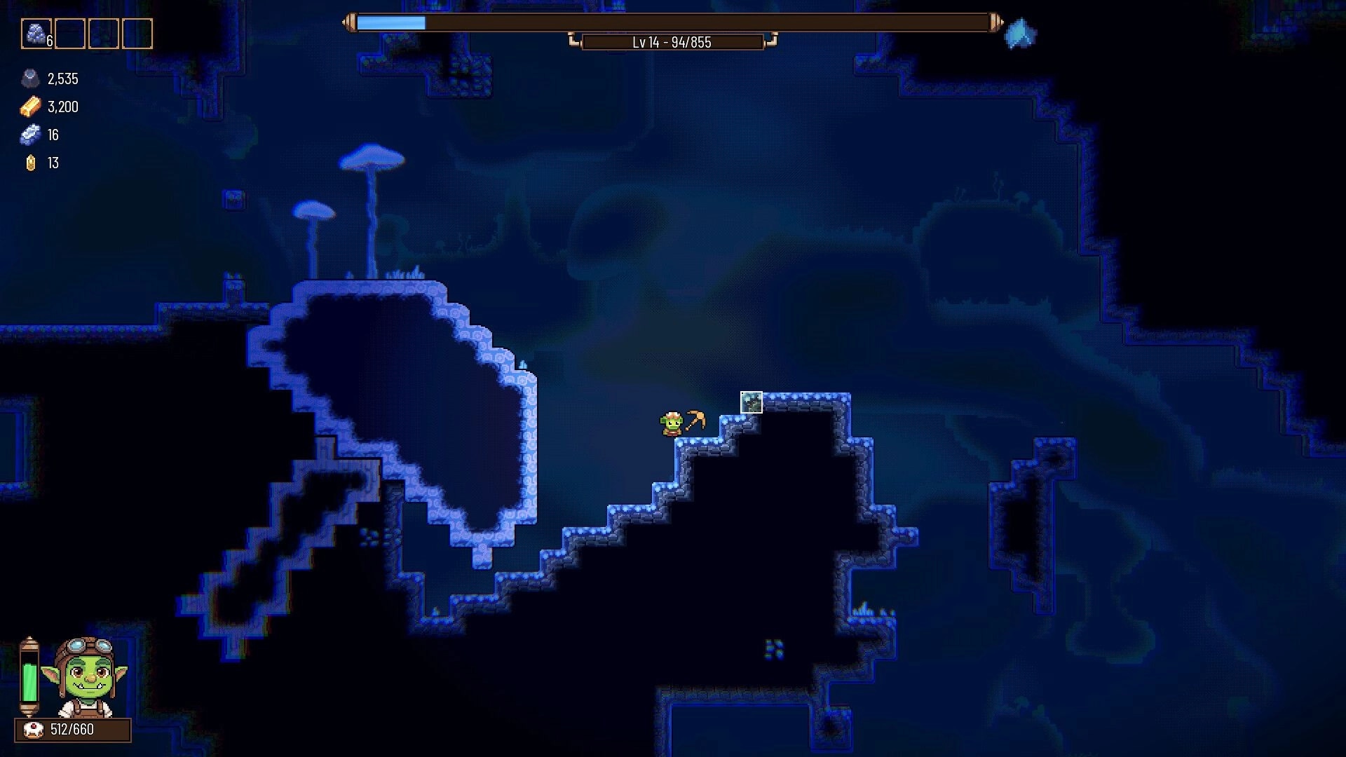 Rock Bottom: Character mining in dark cave with mushroom formations and resource counters displayed