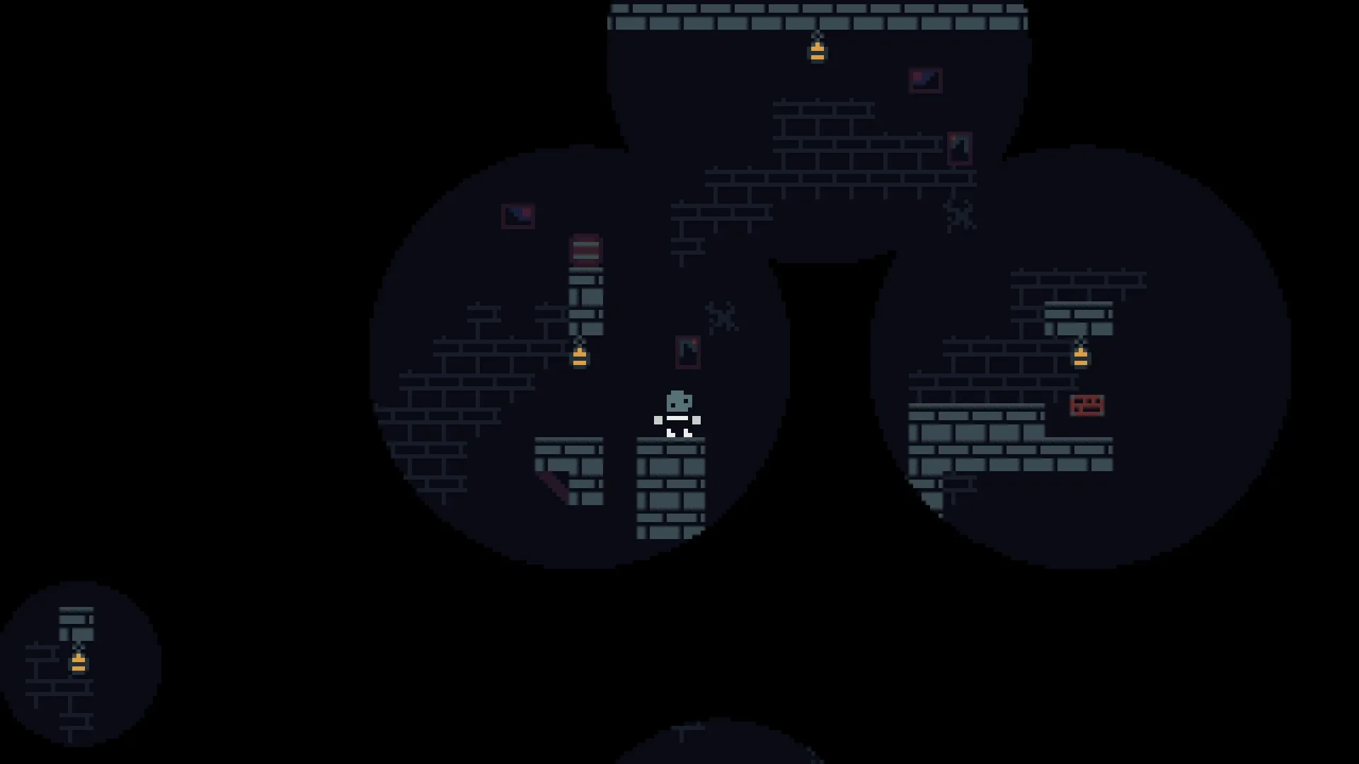 Rock 'n' Bones: Character stands on brick platform in dimly lit dungeon with hanging lanterns.
