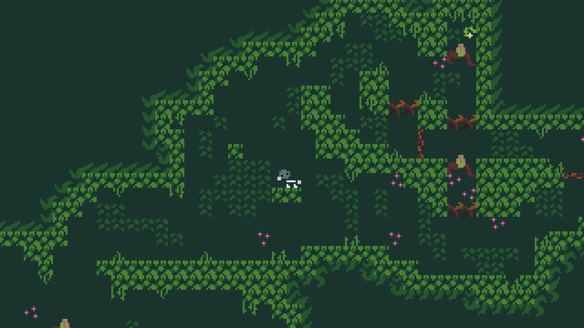 Rock 'n' Bones: Player navigates lush green maze with rock companion in pixel art platformer setting.