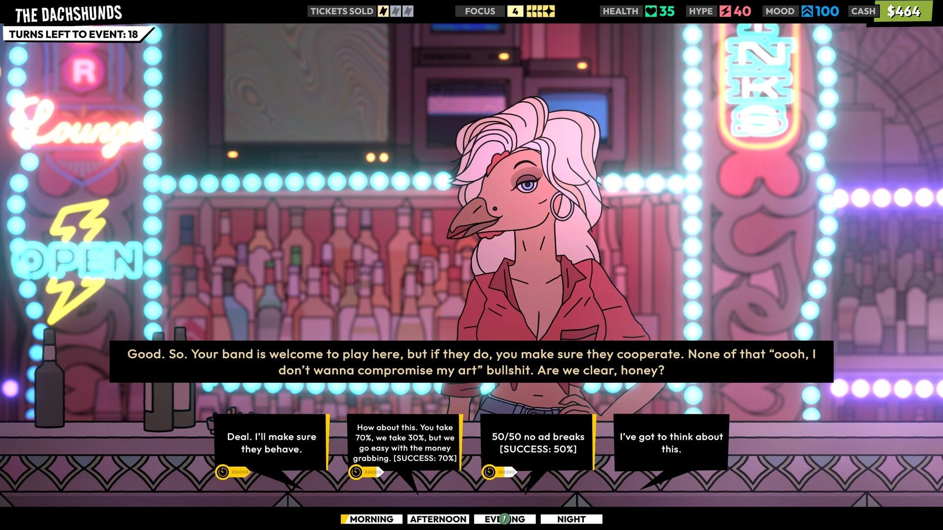 ROCKBEASTS: Dialogue negotiation with bird bartender at neon lounge bar, choice buttons and stats HUD visible.