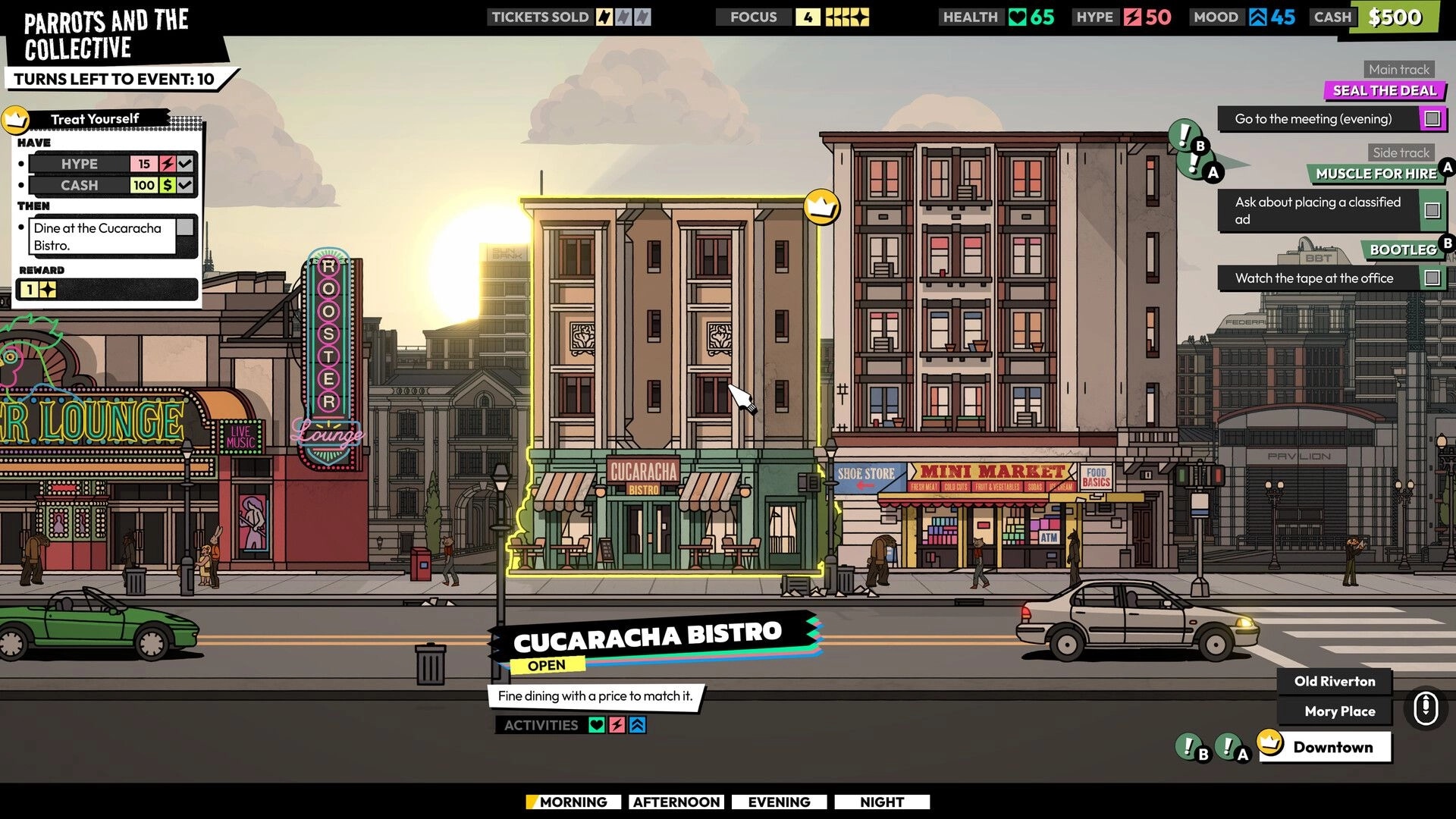 ROCKBEASTS: City map at sunset with Cucaracha Bistro selected, quests and stats UI over downtown street.