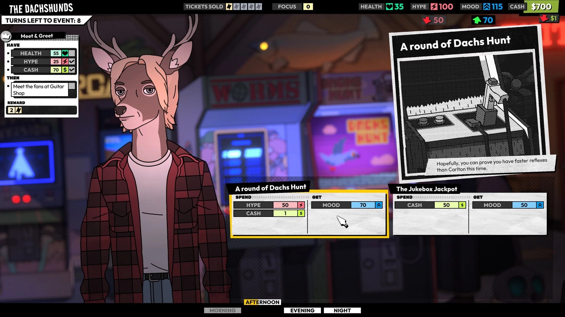 ROCKBEASTS: Meet & Greet event menu with deer character in arcade, choosing A round of Dachs Hunt.