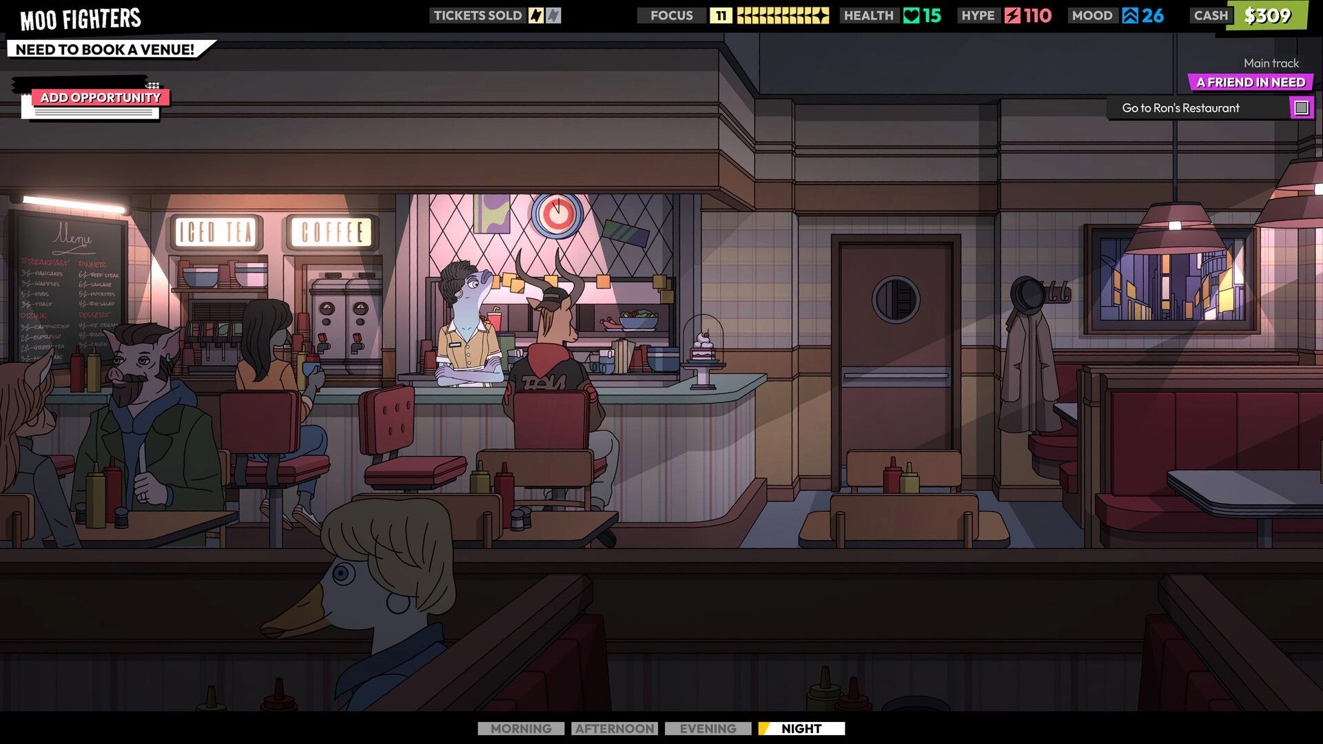 ROCKBEASTS: Diner scene with band member at counter and quest UI to go to Ron's Restaurant at night.