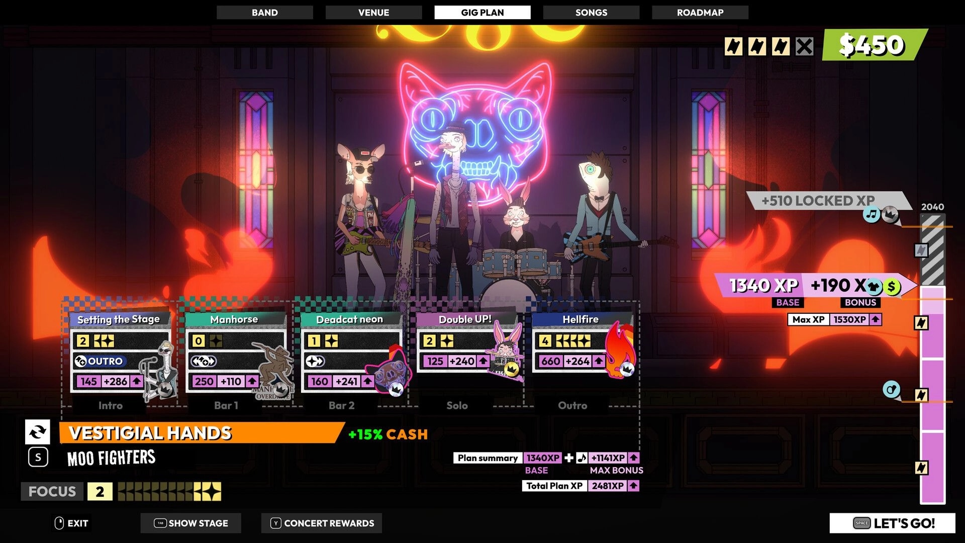 ROCKBEASTS: Gig Plan UI with band onstage under neon cat skull, XP cards and rewards tally visible.
