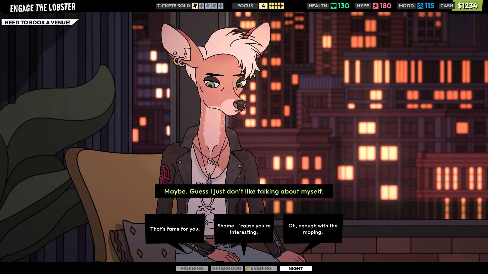 ROCKBEASTS: Dialogue choice with deer punk on rooftop at night, city lights and band stats UI visible.