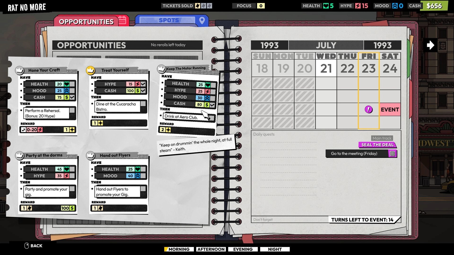 ROCKBEASTS: Opportunities planner with quest cards and July 1993 calendar, event meeting highlighted.