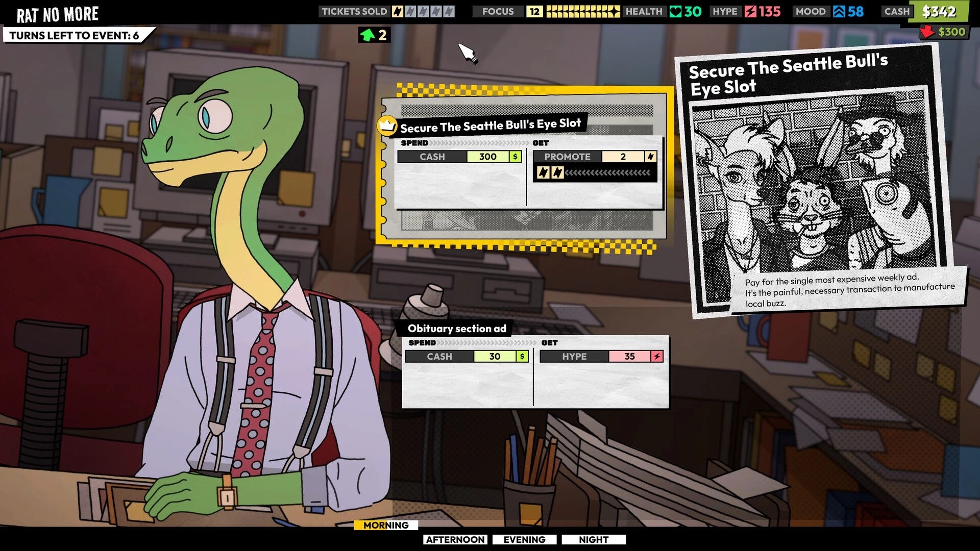ROCKBEASTS: Lizard office worker with promo cards UI in cluttered newsroom, cash and hype stats visible.