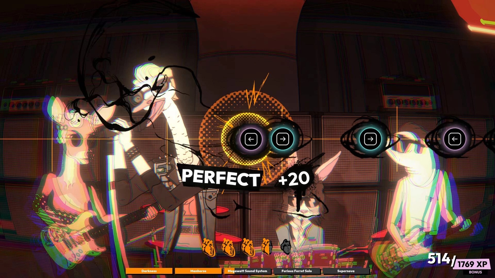 ROCKBEASTS: Rhythm minigame timing arrows and PERFECT +20 over band playing on stage with amps behind.