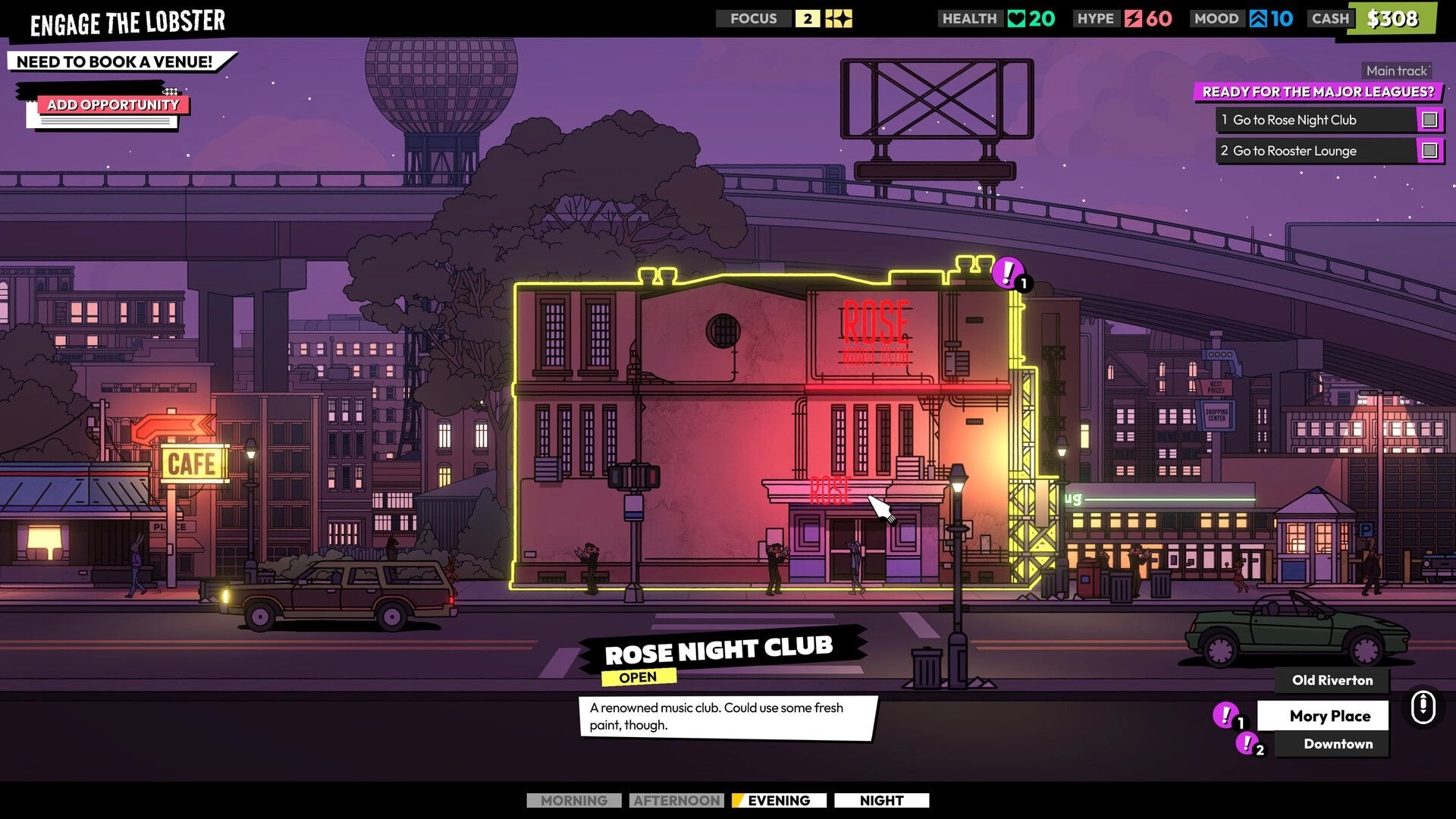 ROCKBEASTS: City map selecting Rose Night Club venue at dusk, with stats bar and gig tasks panel visible.