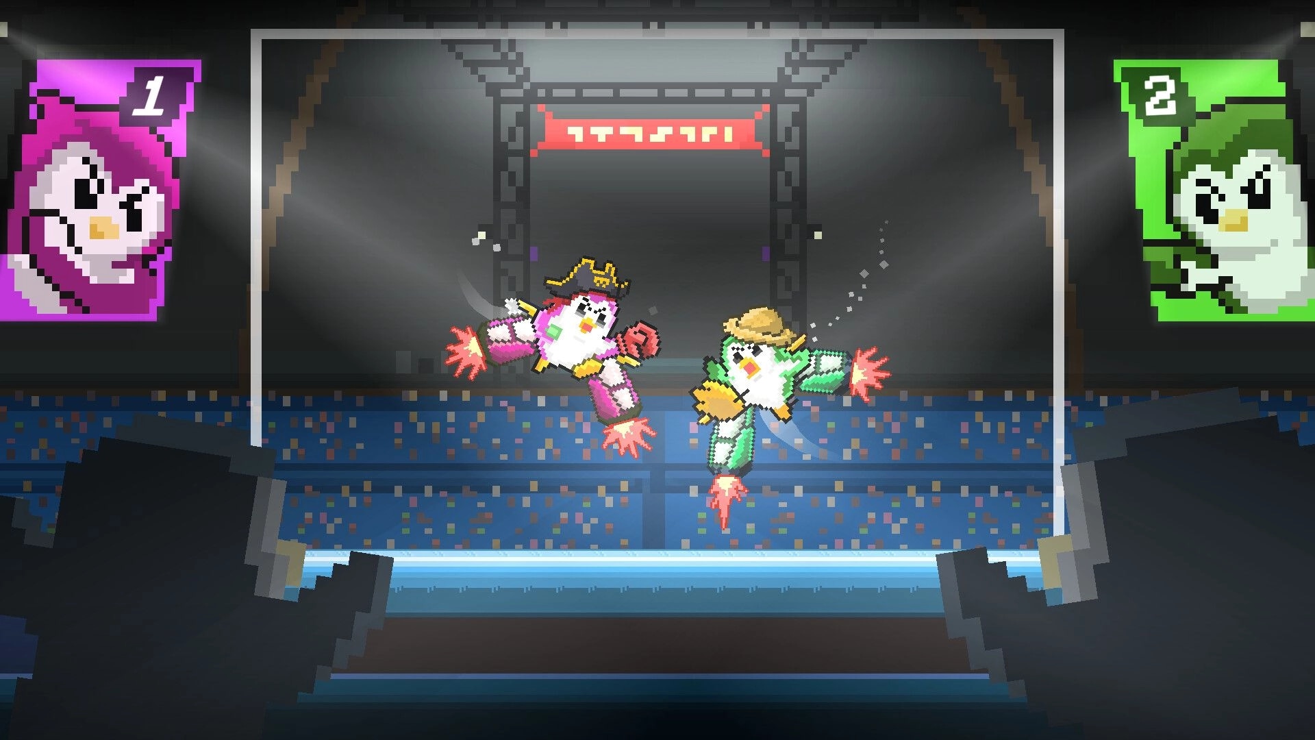Rocket Penguin: Two jetpack penguins collide midair in arena, with player 1 and 2 portraits on sides.