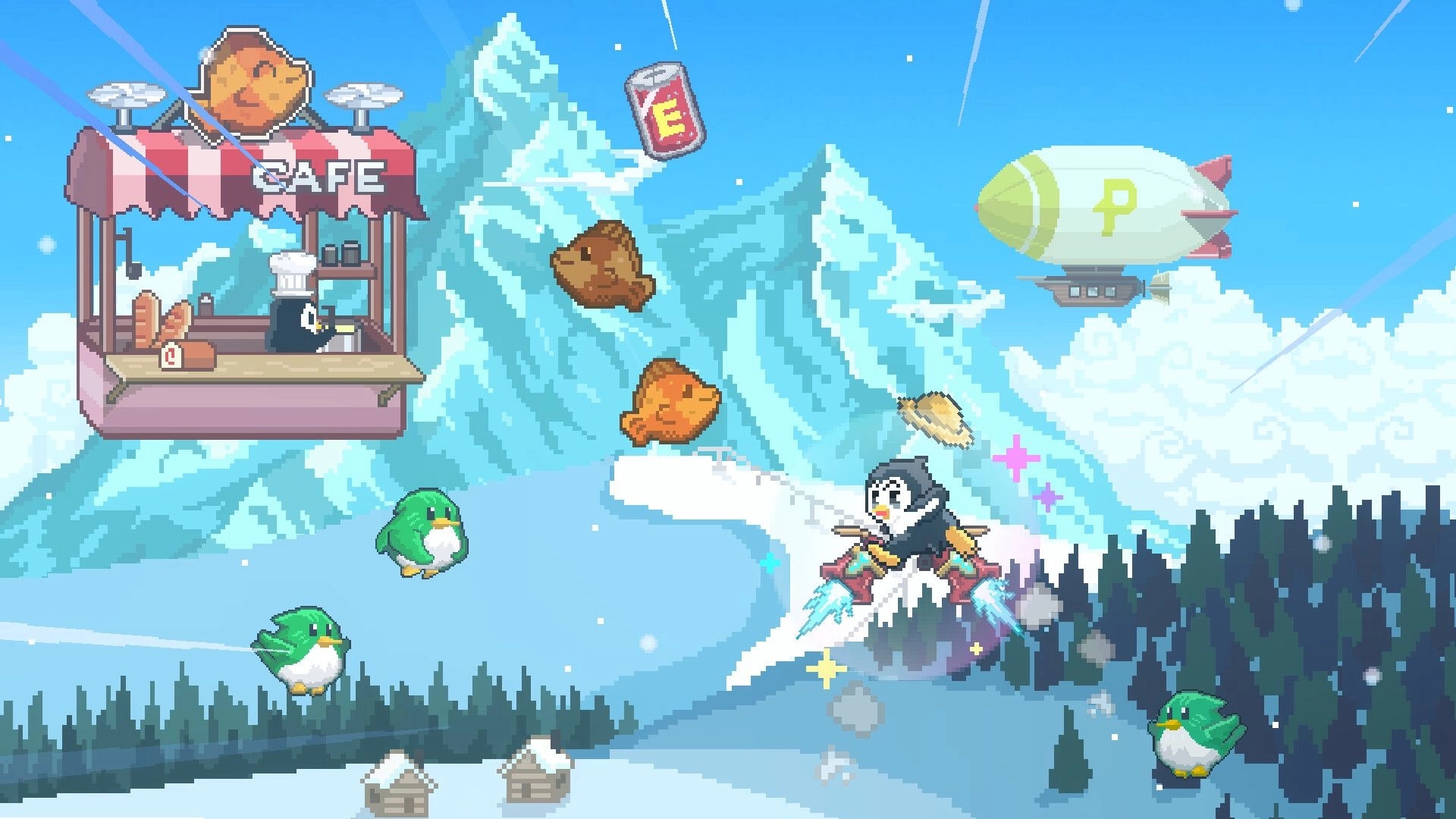 Rocket Penguin: Jetpack penguin dodges flying fish and birds near a sky cafe over snowy mountains.