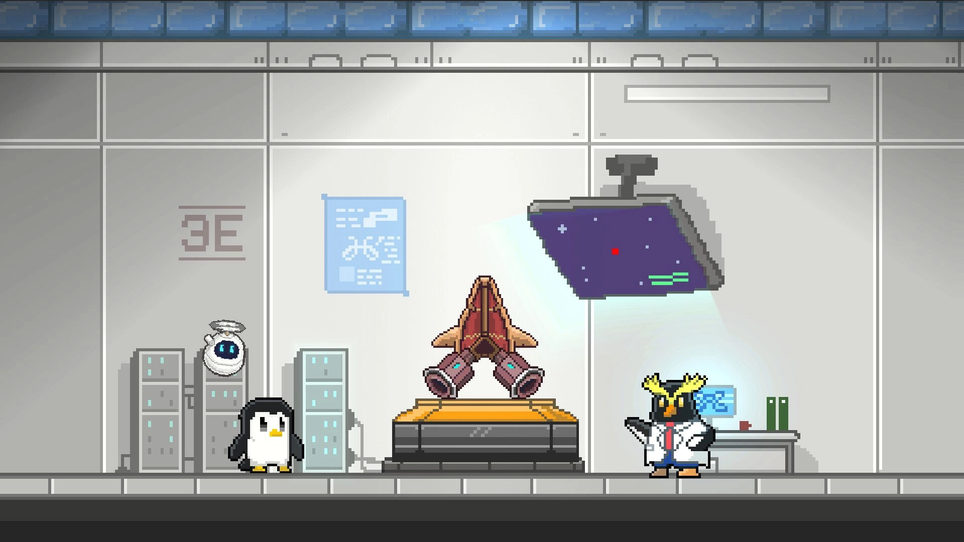 Rocket Penguin: Penguin and scientist inspect a rocket on a platform inside a lab room marked 3E.