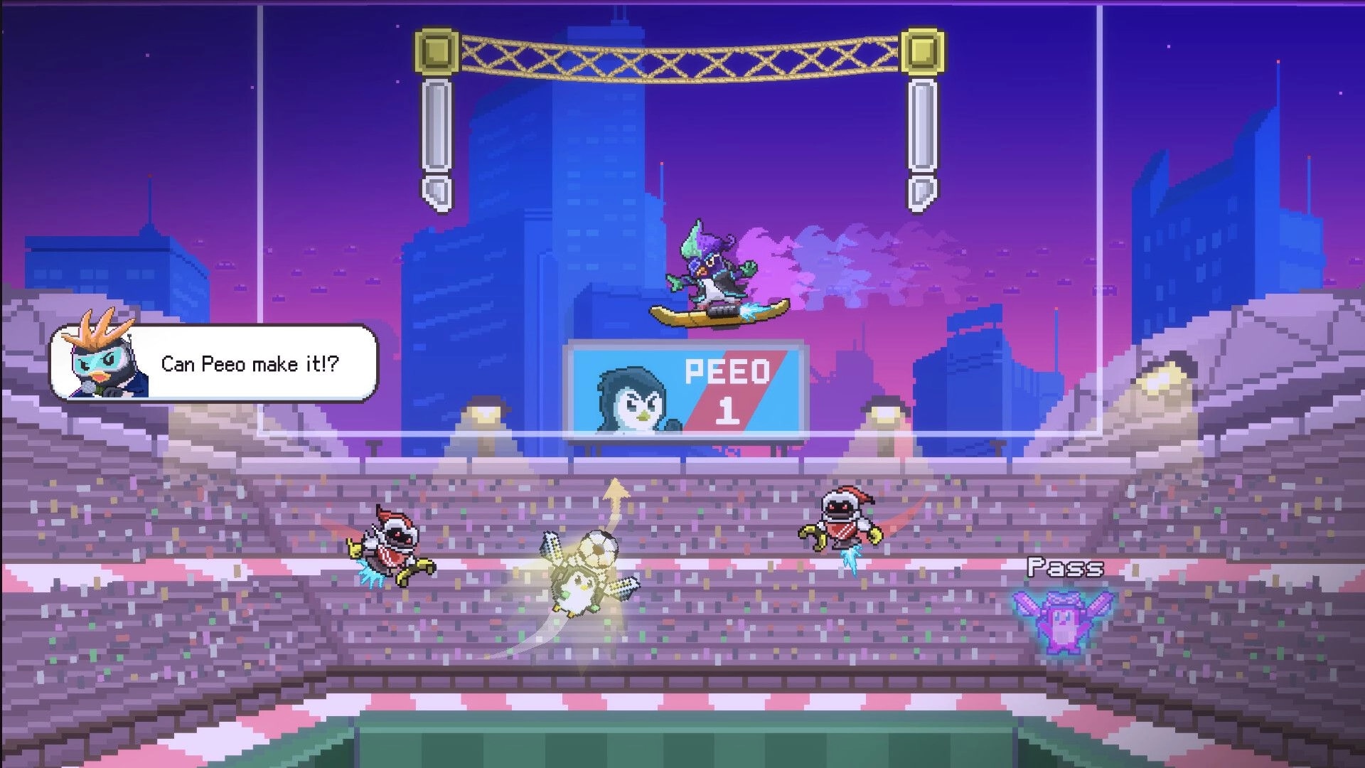 Rocket Penguin: Peeo rockets upward past jetpack foes, with Pass prompt and city stadium backdrop.