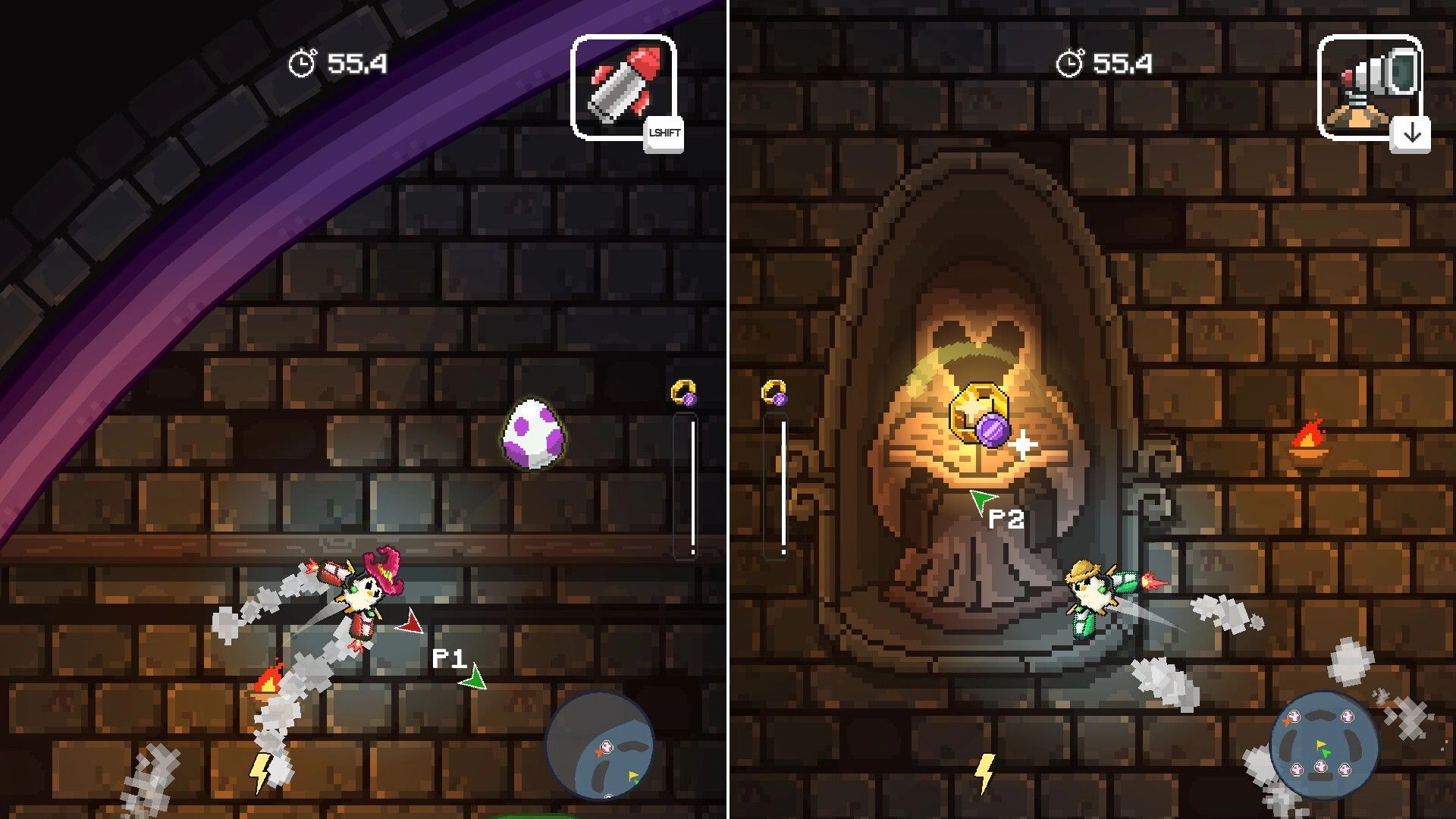 Rocket Penguin: Two jetpack penguins race past an egg and statue in a brick dungeon, timer UI above.
