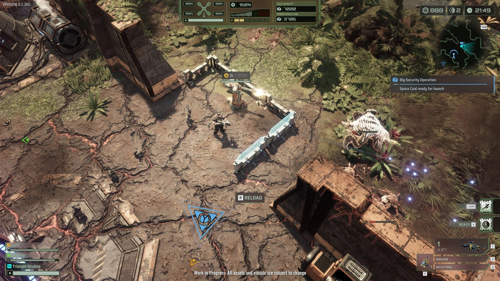 Rockhounds: Players defend base with turrets and barriers in lush, overgrown planetary terrain.