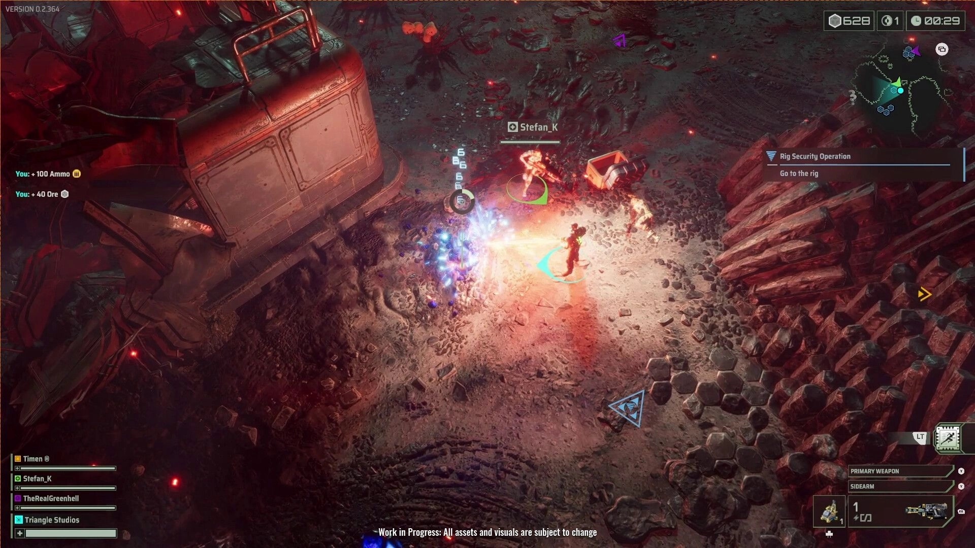 Rockhounds: Combat with enemies near mining rig in rocky terrain, UI shows ammo and ore collected