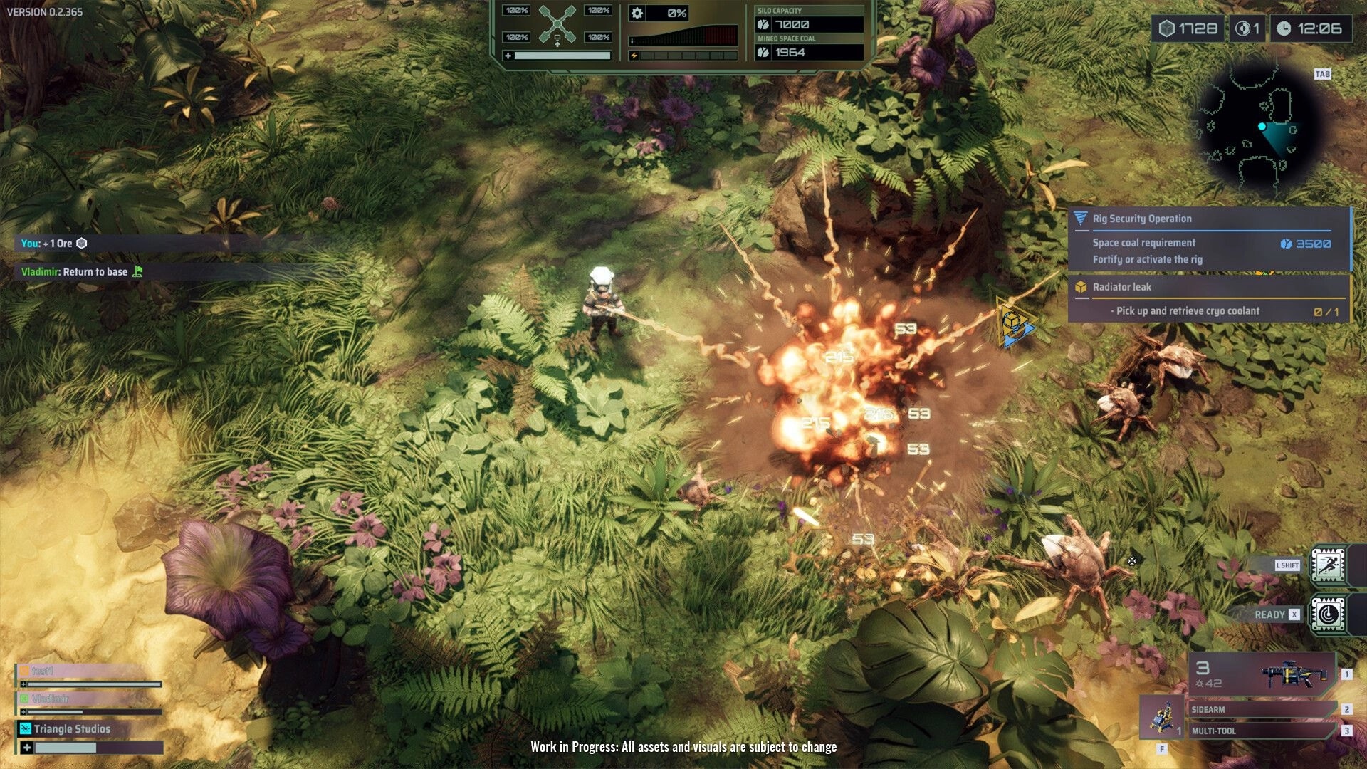Rockhounds: Player in forest uses a tool to mine ore as explosion occurs, with UI showing tasks.